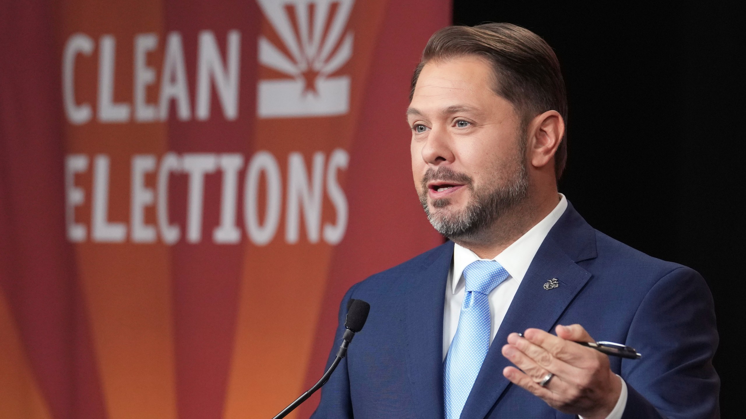 U.S. Senate candidate U.S. Rep. Ruben Gallego, D-Ariz., speaks during a debate with Republican challenger Kari Lake, Wednesday, Oct. 9, 2024, in Phoenix. (Cheryl Evans/Arizona Republic via AP)