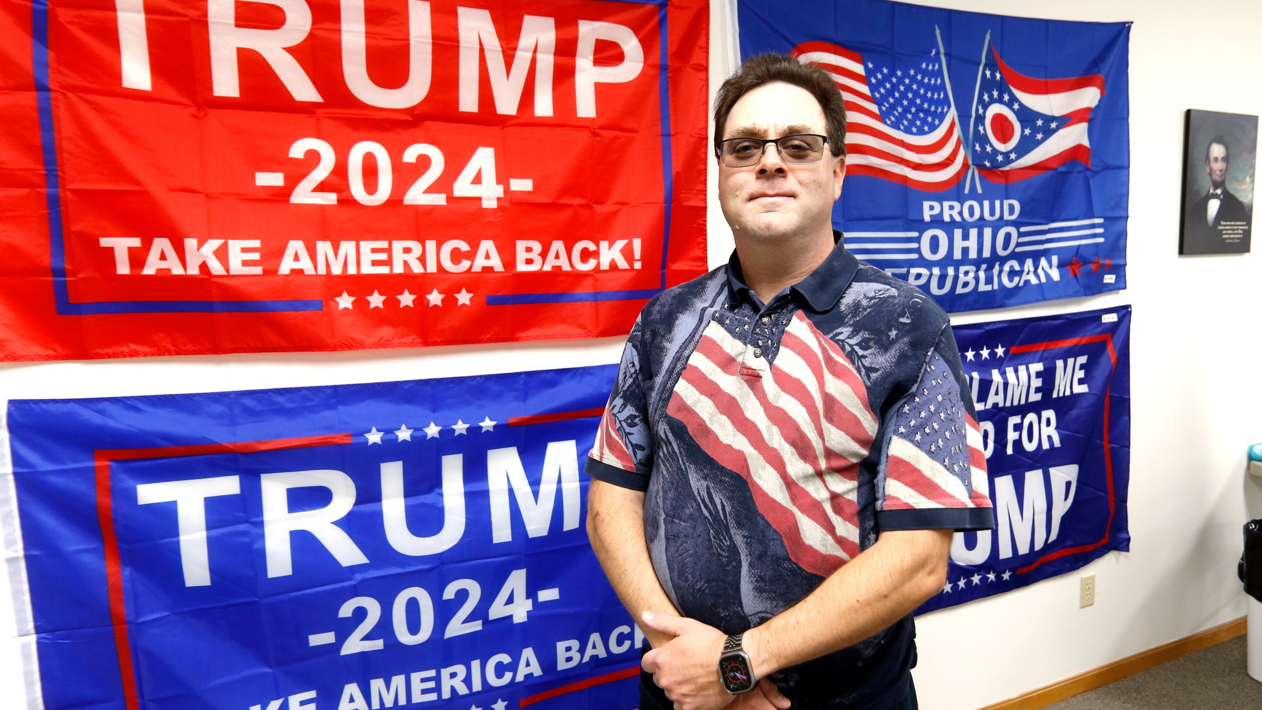 CORRECTS SPELLING OF DEEKEN - Doug Deeken, the chair of the Wayne County Republican Party in Ohio poses at the Wayne County Republican Party headquarters in Wooster, Ohio, Oct. 8, 2024. (AP Photo/Tom E. Puskar)