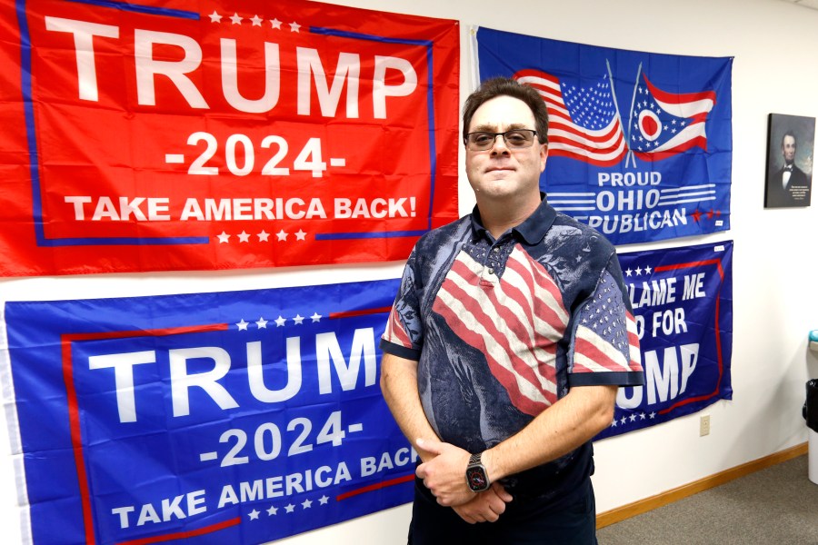 CORRECTS SPELLING OF DEEKEN - Doug Deeken, the chair of the Wayne County Republican Party in Ohio poses at the Wayne County Republican Party headquarters in Wooster, Ohio, Oct. 8, 2024. (AP Photo/Tom E. Puskar)