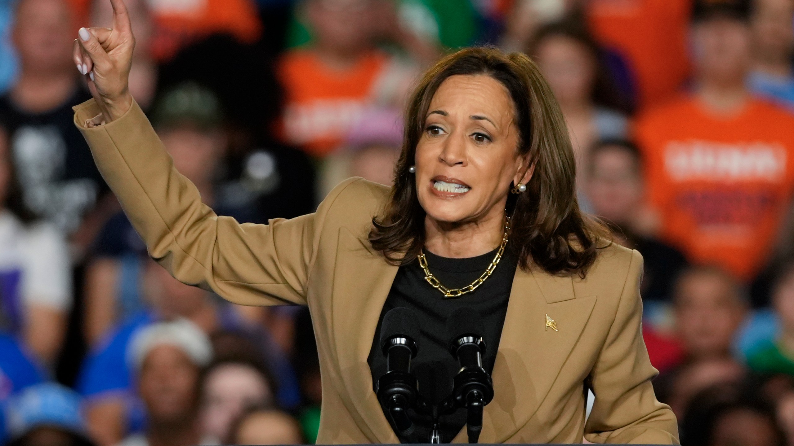 Democratic presidential nominee Vice President Kamala Harris speaks Thursday, Oct. 10, 2024, on the Gila River Indian Community reservation in Chandler, Ariz. (AP Photo/Matt York)