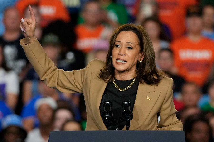 Democratic presidential nominee Vice President Kamala Harris speaks Thursday, Oct. 10, 2024, on the Gila River Indian Community reservation in Chandler, Ariz. (AP Photo/Matt York)