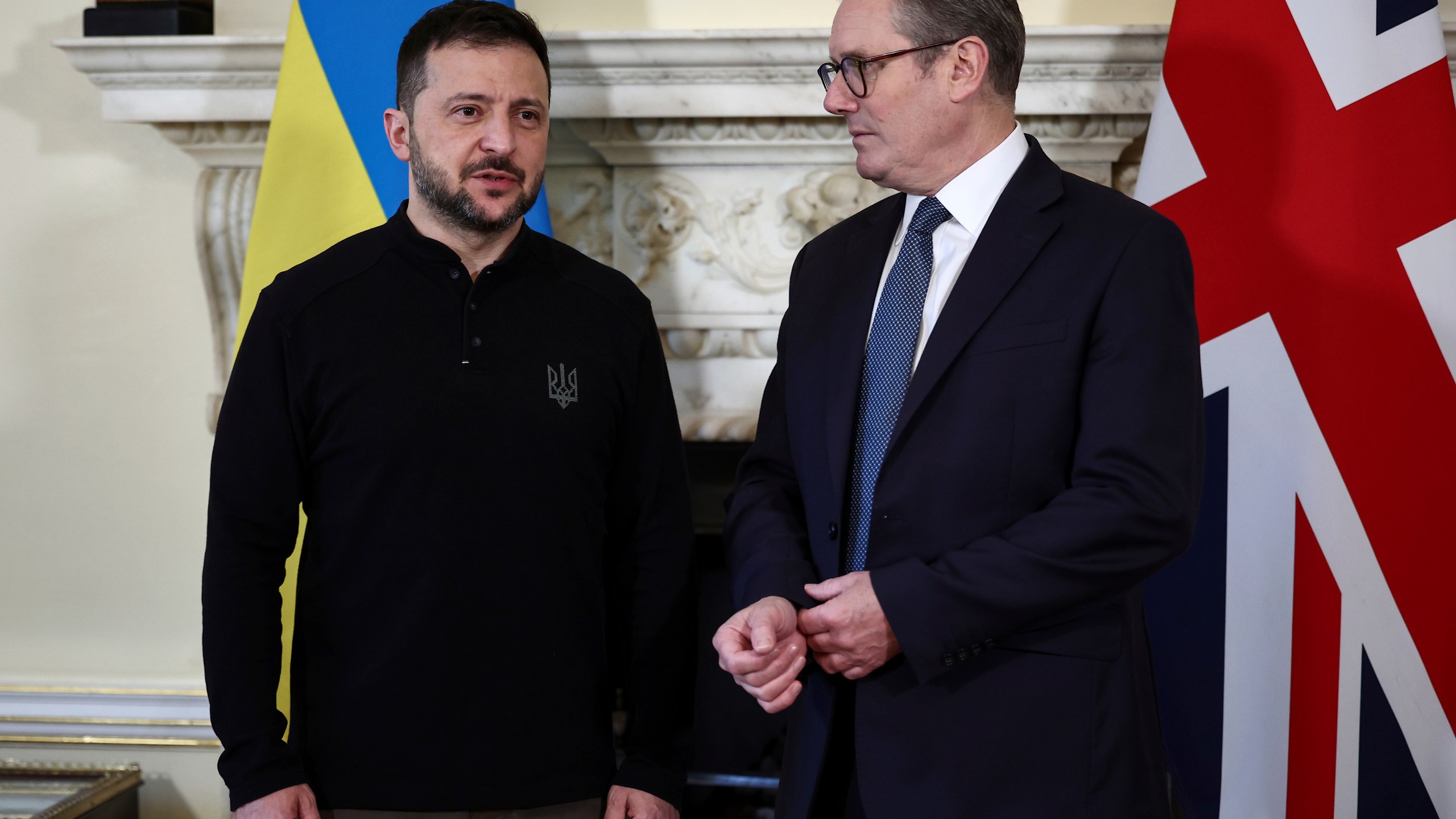 Britain's Prime Minister Keir Starmer, right, and Ukraine's President Volodymyr Zelenskyy speak during a bilateral meeting inside 10 Downing Street, in London, Thursday Oct. 10, 2024. (Henry Nicholls/Pool Photo via AP)