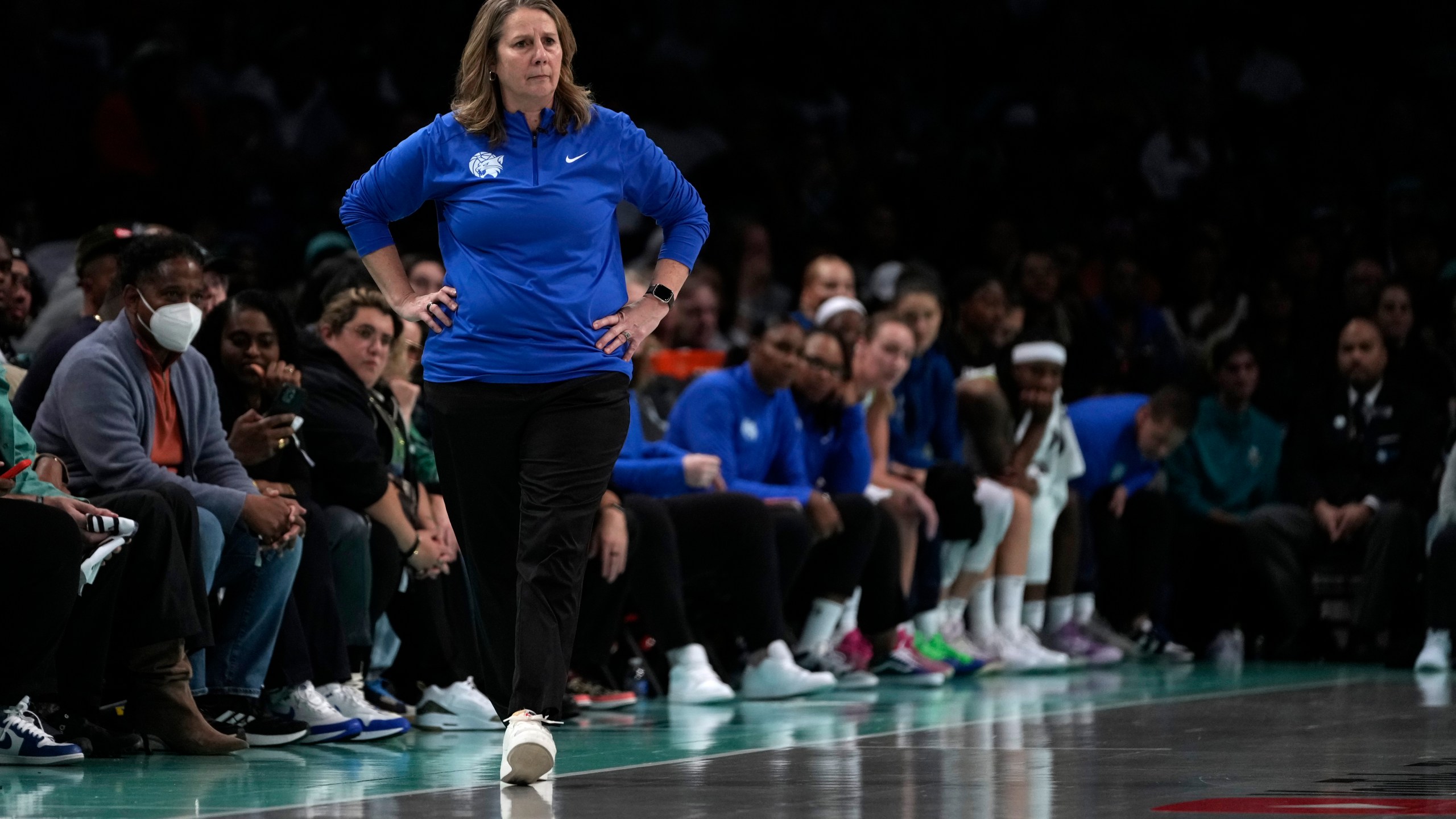 Minnesota Lynx head coach Cheryl Reeve stands on the court during the second half in Game 1 of a WNBA basketball final playoff series against the New York Liberty, Thursday, Oct. 10, 2024, in New York. (AP Photo/Pamela Smith)