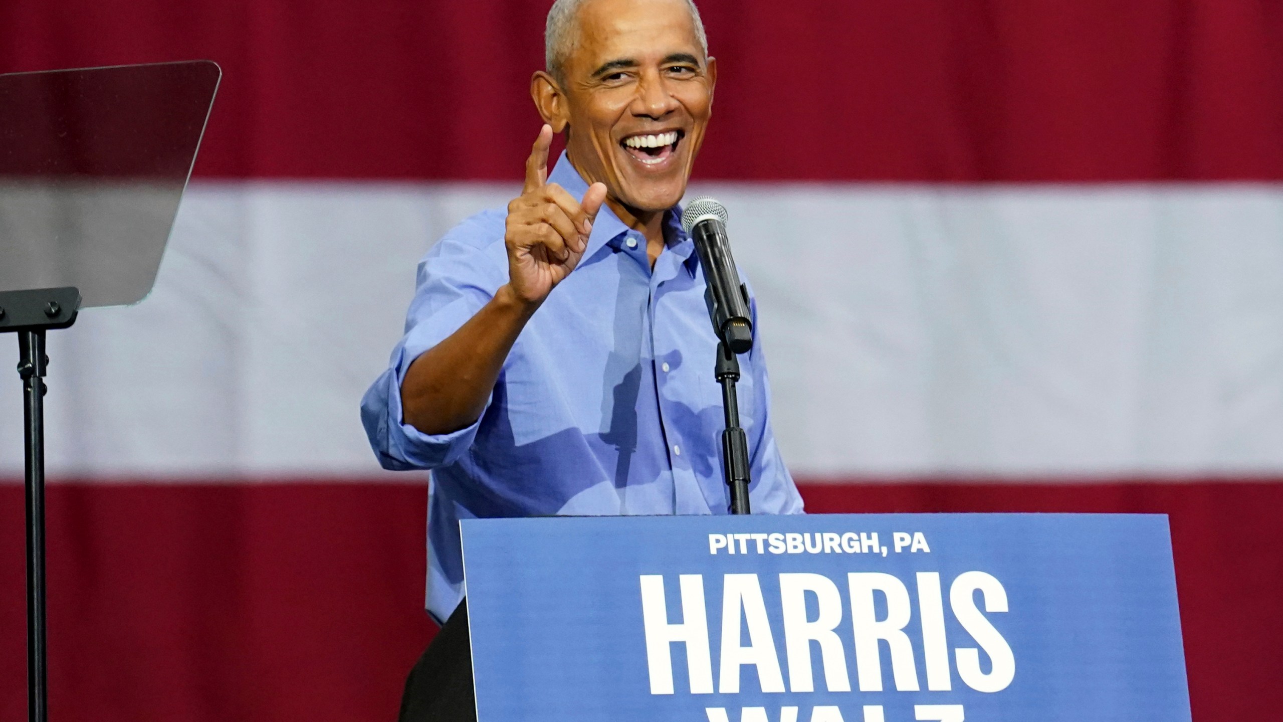 Former President Barack Obama speaks during a campaign rally supporting Democratic presidential nominee Vice President Kamala Harris, Thursday, Oct. 10, 2024, at the University of Pittsburgh's Fitzgerald Field House in Pittsburgh. (AP Photo/Matt Freed)