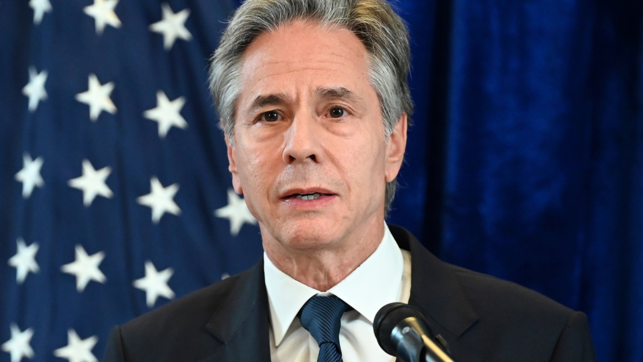 U.S. Secretary of State Antony Blinken speaks at a news conference during the Association of Southeast Asian Nations (ASEAN) Summit in Vientiane, Laos, Friday, Oct. 11, 2024. (Tang Chhin Sothy/Pool Photo via AP)