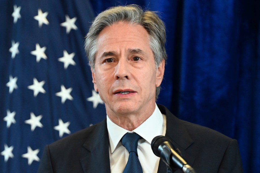 U.S. Secretary of State Antony Blinken speaks at a news conference during the Association of Southeast Asian Nations (ASEAN) Summit in Vientiane, Laos, Friday, Oct. 11, 2024. (Tang Chhin Sothy/Pool Photo via AP)