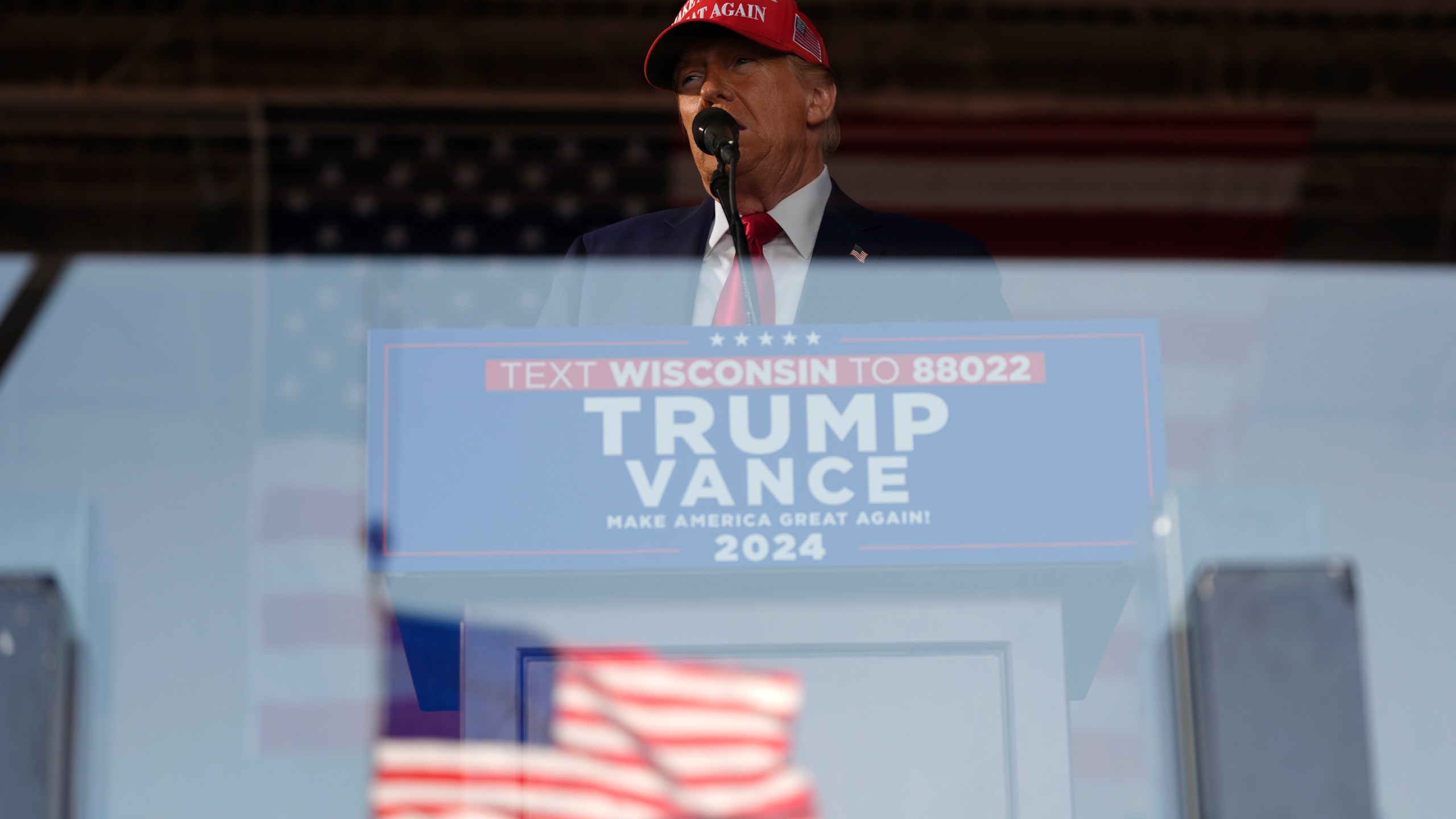 Republican presidential nominee former President Donald Trump speaks during a campaign rally at Dodge County Airport, Sunday, Oct. 6, 2024, in Juneau, Wis. (AP Photo/Julia Demaree Nikhinson)