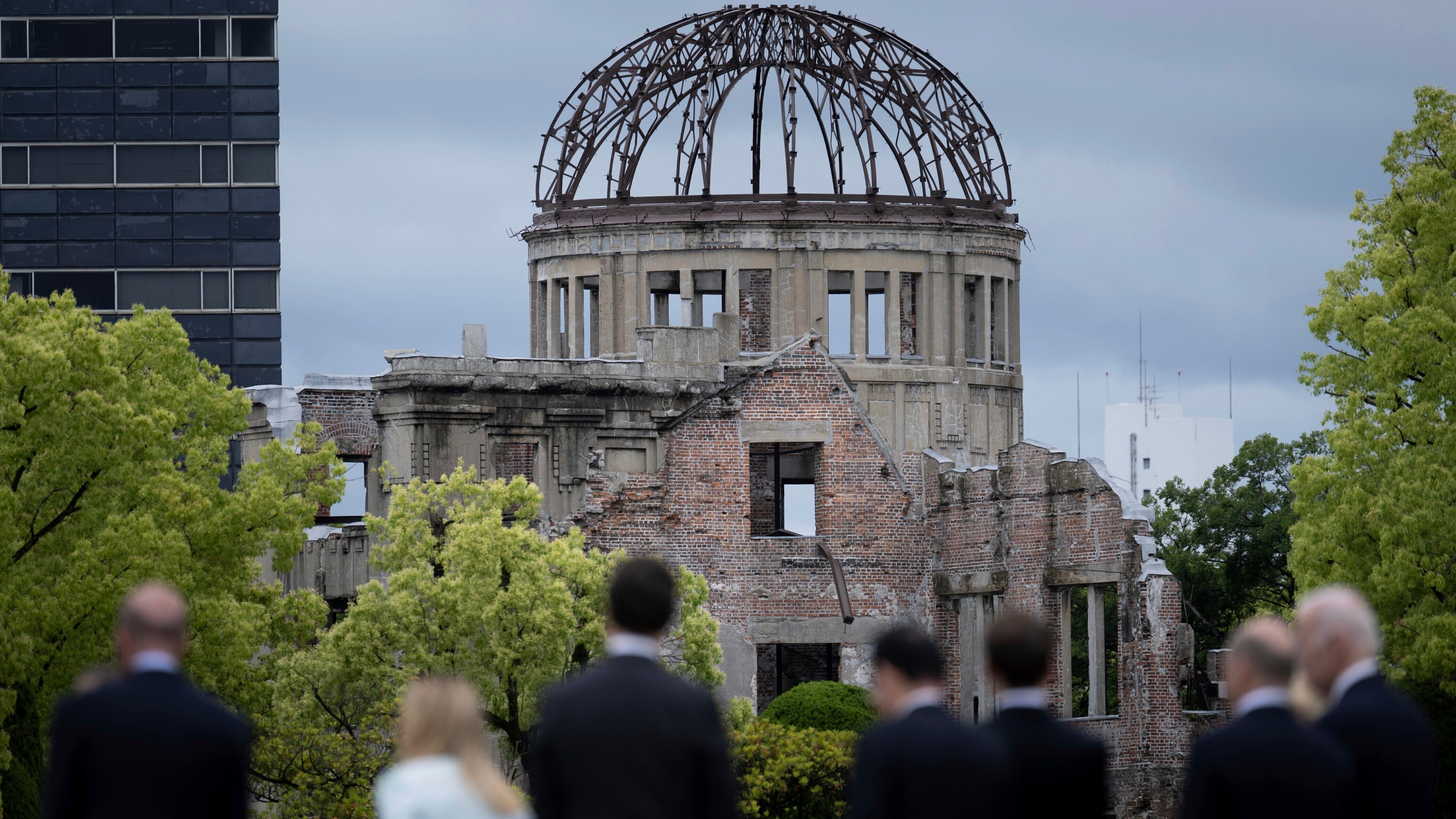 FILE - Leaders of the Group of Seven nations' meetings walk before the Atomic Bomb Dome during a visit to the Peace Memorial Park as part of the G7 Leaders' Summit in Hiroshima, western Japan Friday, May 19, 2023. (Brendan Smialowski/Pool Photo via AP, File)