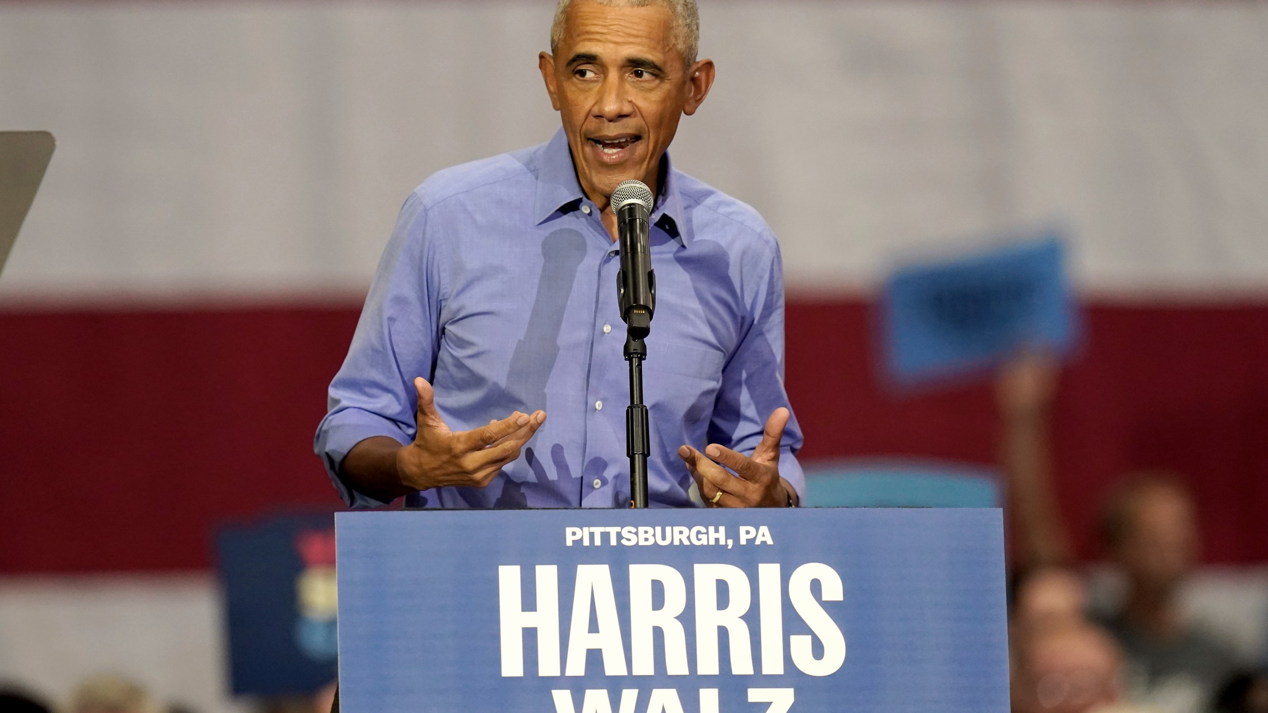 Former President Barack Obama speaks during a campaign rally supporting Democratic presidential nominee Vice President Kamala Harris, Thursday, Oct. 10, 2024, at the University of Pittsburgh's Fitzgerald Field House in Pittsburgh. (AP Photo/Matt Freed)