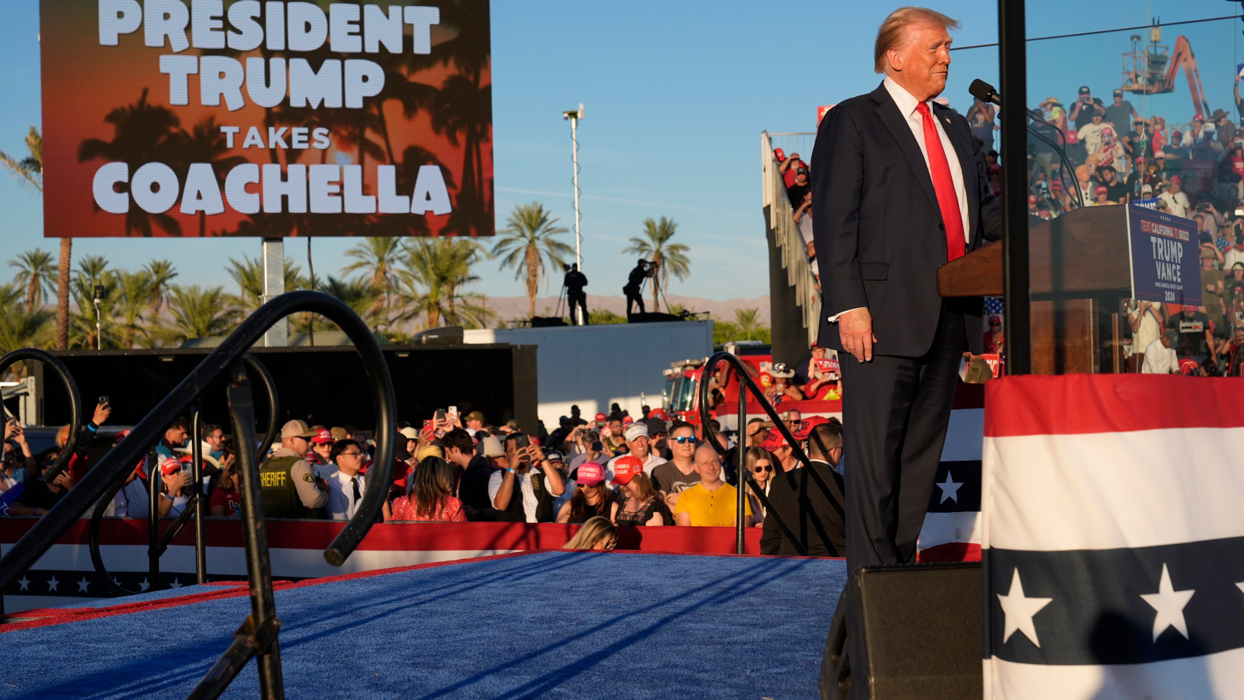 Republican presidential nominee former President Donald Trump arrives to speak at a campaign rally at the Calhoun Ranch, Saturday, Oct. 12, 2024, in Coachella, Calif. (AP Photo/Alex Brandon)