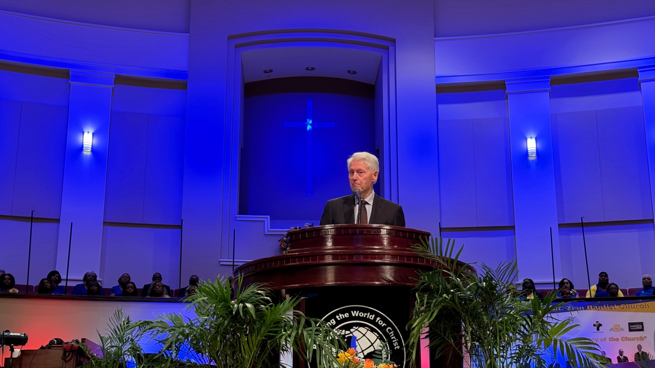 Former President Bill Clinton speaks at Mt. Zion Baptist Church in Albany, Ga. on Sunday, Oct. 13, 2024. (AP Photo/Charlotte Kramon)