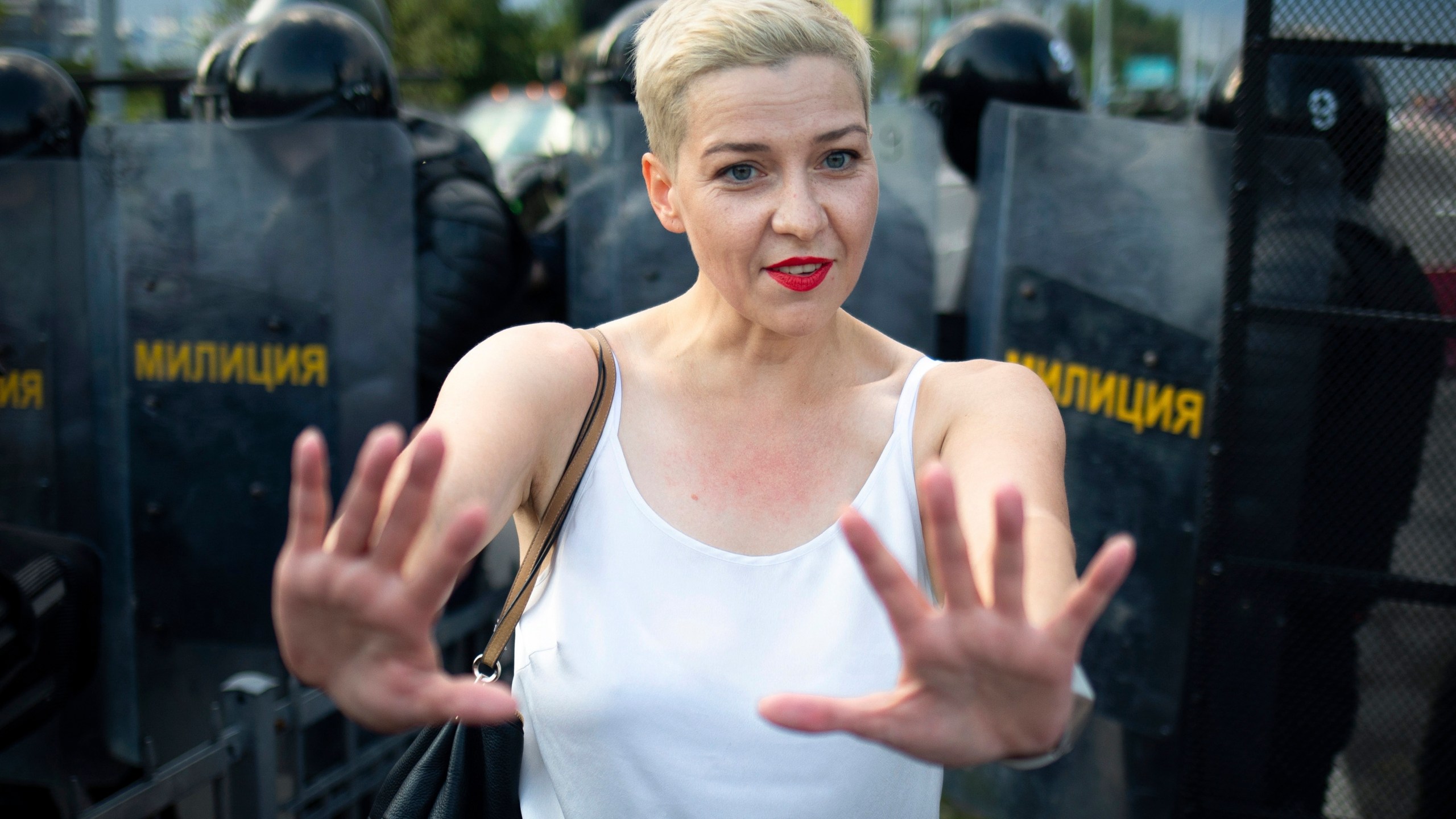 FILE – Belarus opposition activist Maria Kolesnikova gestures during a rally in Minsk, Belarus, on Aug. 30, 2020. (AP Photo, File)