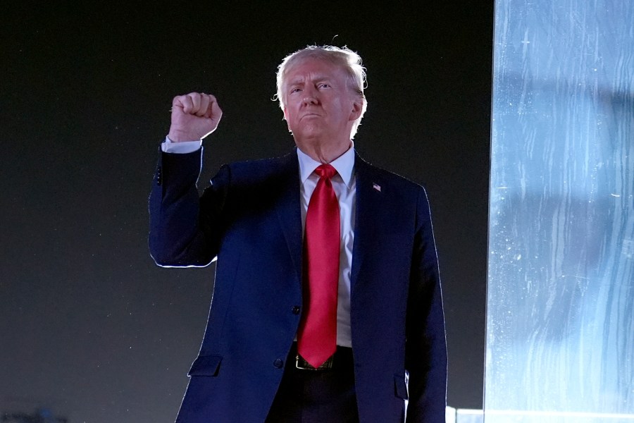 FILE - Republican presidential nominee former President Donald Trump gestures as he concludes speaking at a campaign event at the Butler Farm Show, Saturday, Oct. 5, 2024, in Butler, Pa. (AP Photo/Alex Brandon, File)