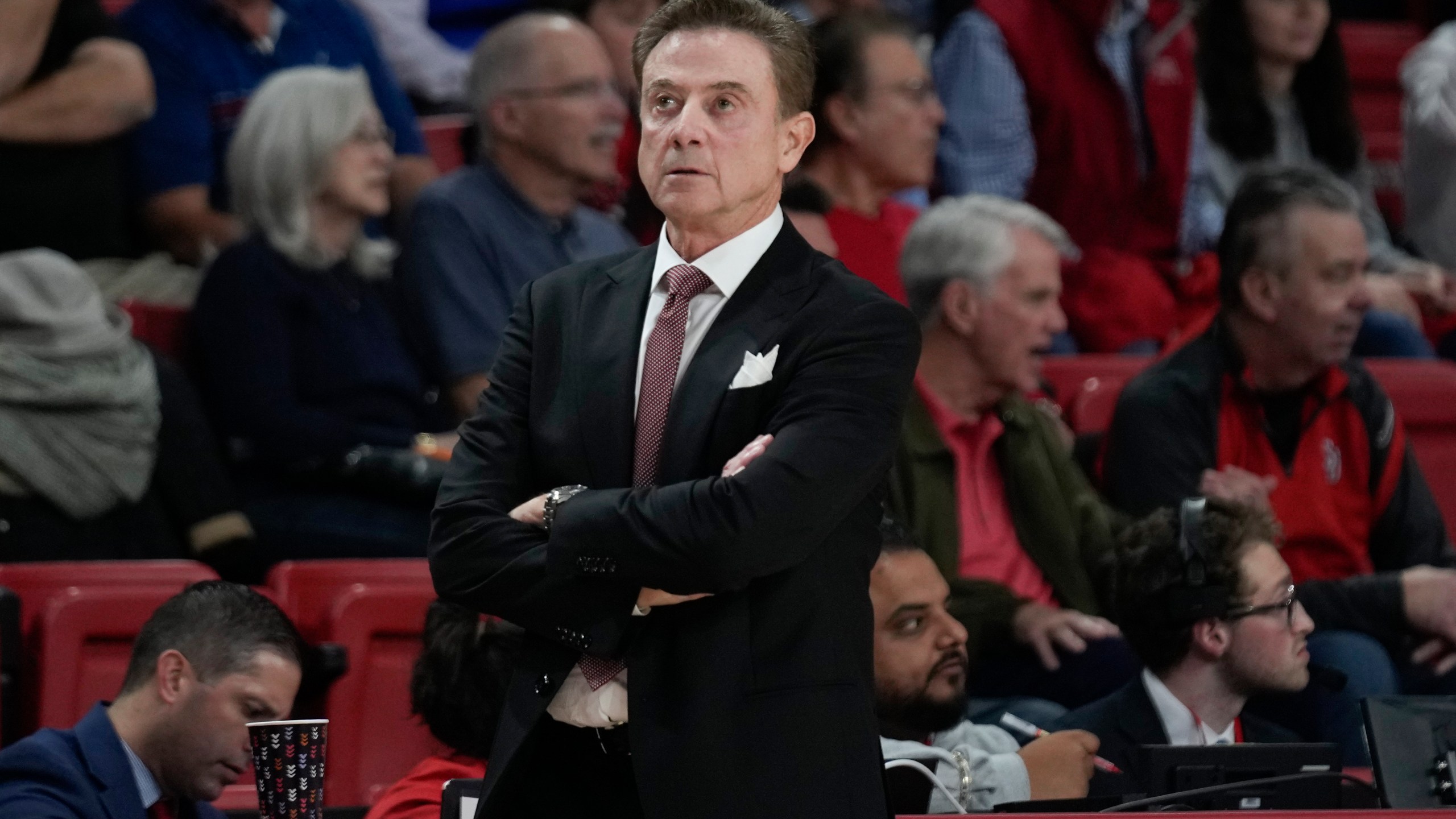 FILE - St. John's head coach Rick Pitino looks on during the first half of an NCAA college basketball game against Stony Brook, Nov. 7, 2023, in New York. (AP Photo/Seth Wenig, File)