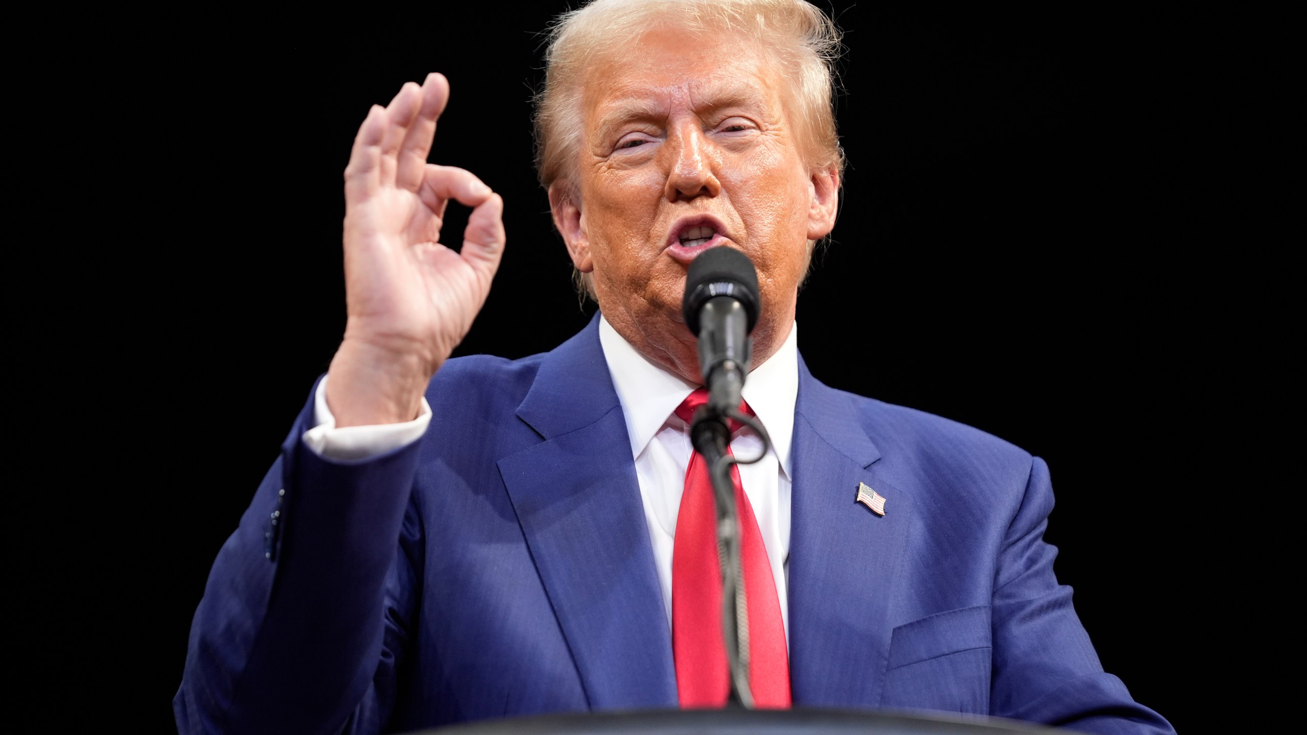 Republican presidential nominee former President Donald Trump speaks at a campaign rally at the Findlay Toyota Arena Sunday, Oct. 13, 2024, in Prescott Valley, Ariz. (AP Photo/Evan Vucci)