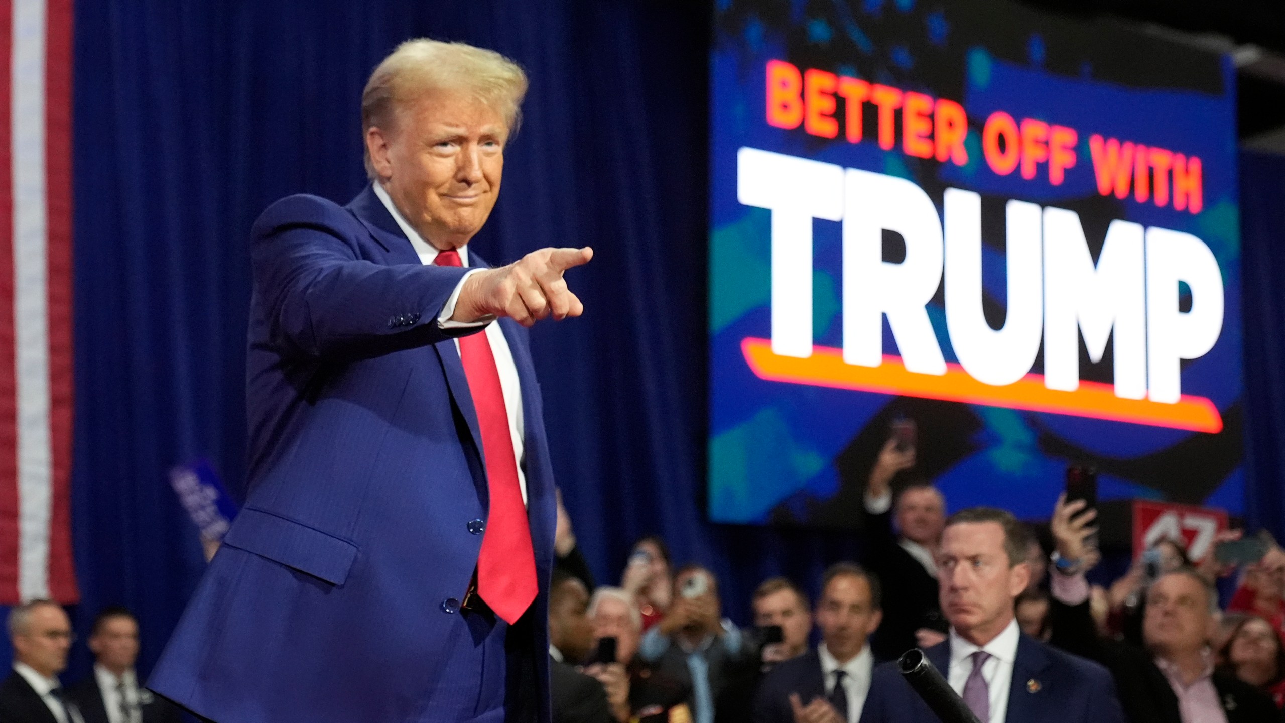 Republican presidential nominee former President Donald Trump arrives at a campaign town hall at the Greater Philadelphia Expo Center & Fairgrounds, Monday, Oct. 14, 2024, in Oaks, Pa. (AP Photo/Alex Brandon)