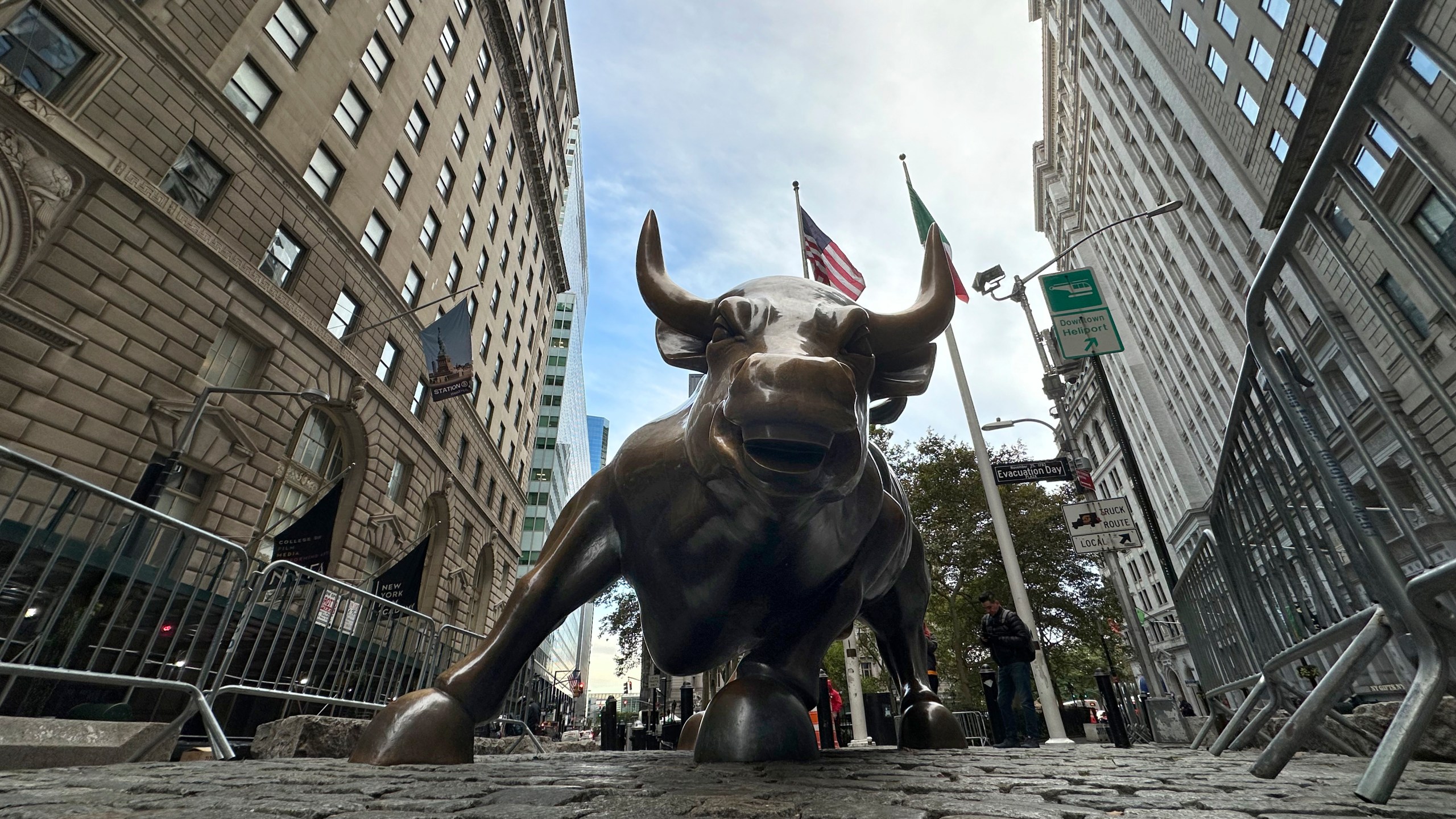 The Charging Bull statue in New York's Financial District is shown on Tuesday, Oct. 15, 2024. (AP Photo/Peter Morgan)