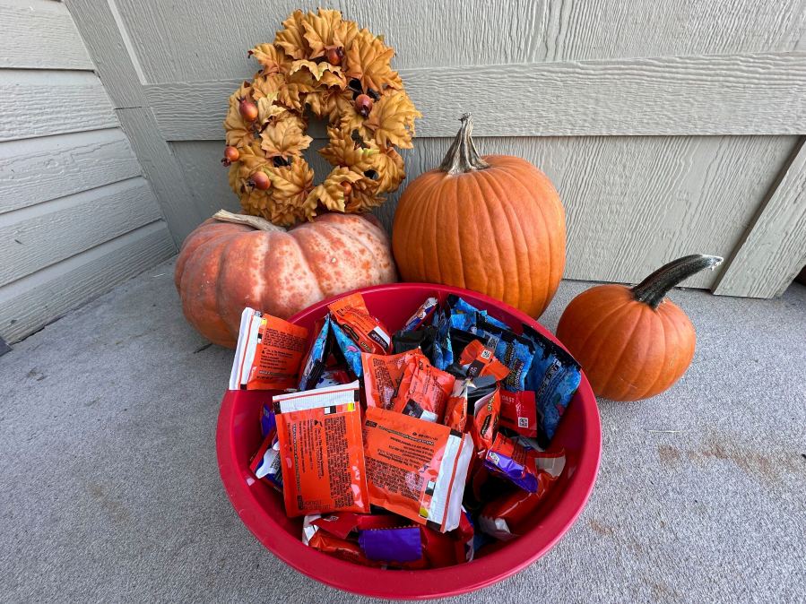 A Halloween display is set up outside of a home Friday, Oct. 11, 2024, in St. Joseph, Mo. (AP Photo/Nick Ingram)