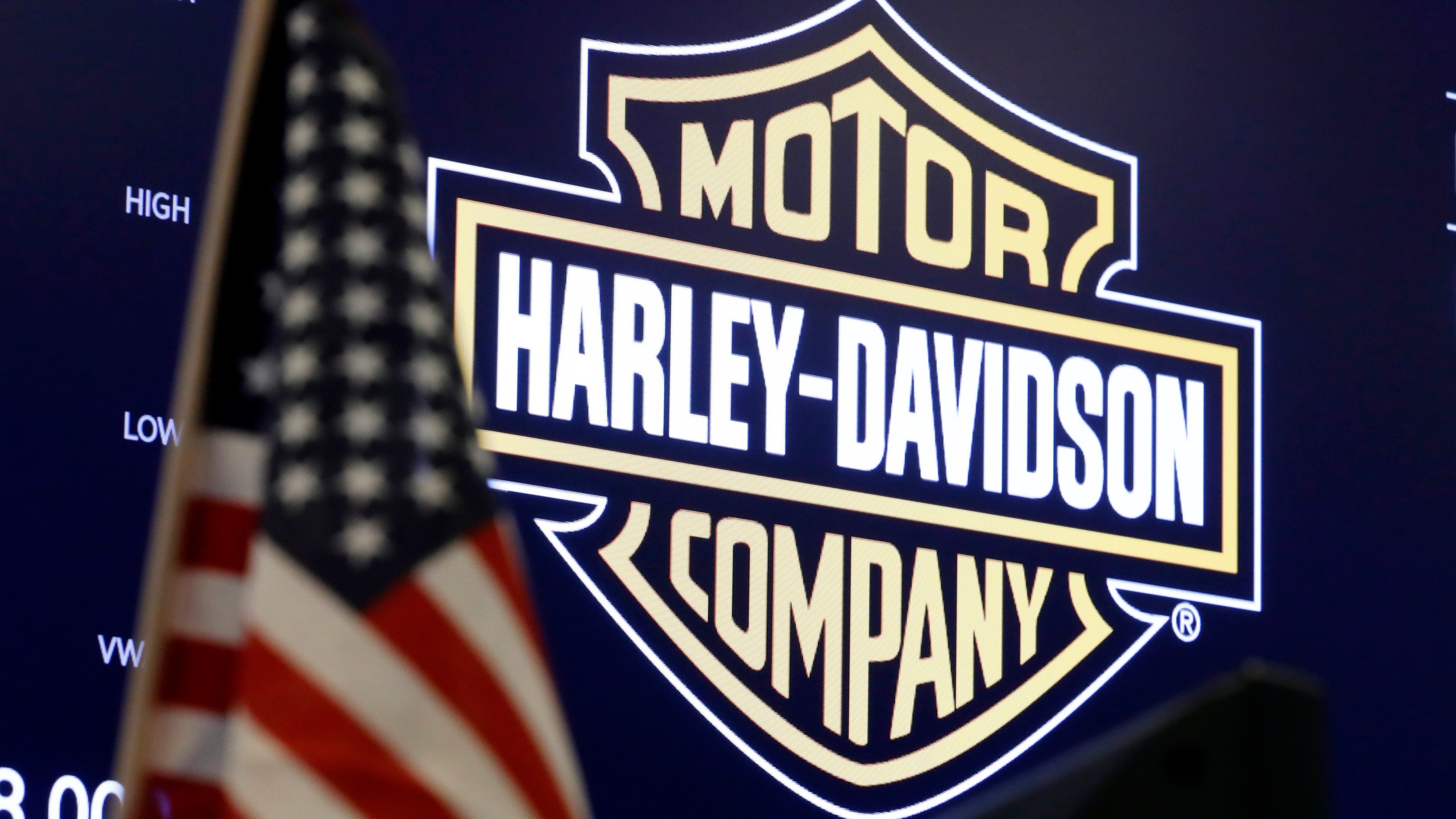 FILE - The logo for Harley-Davidson appears above a trading post on the floor of the New York Stock Exchange, March 3, 2020. (AP Photo/Richard Drew, File)