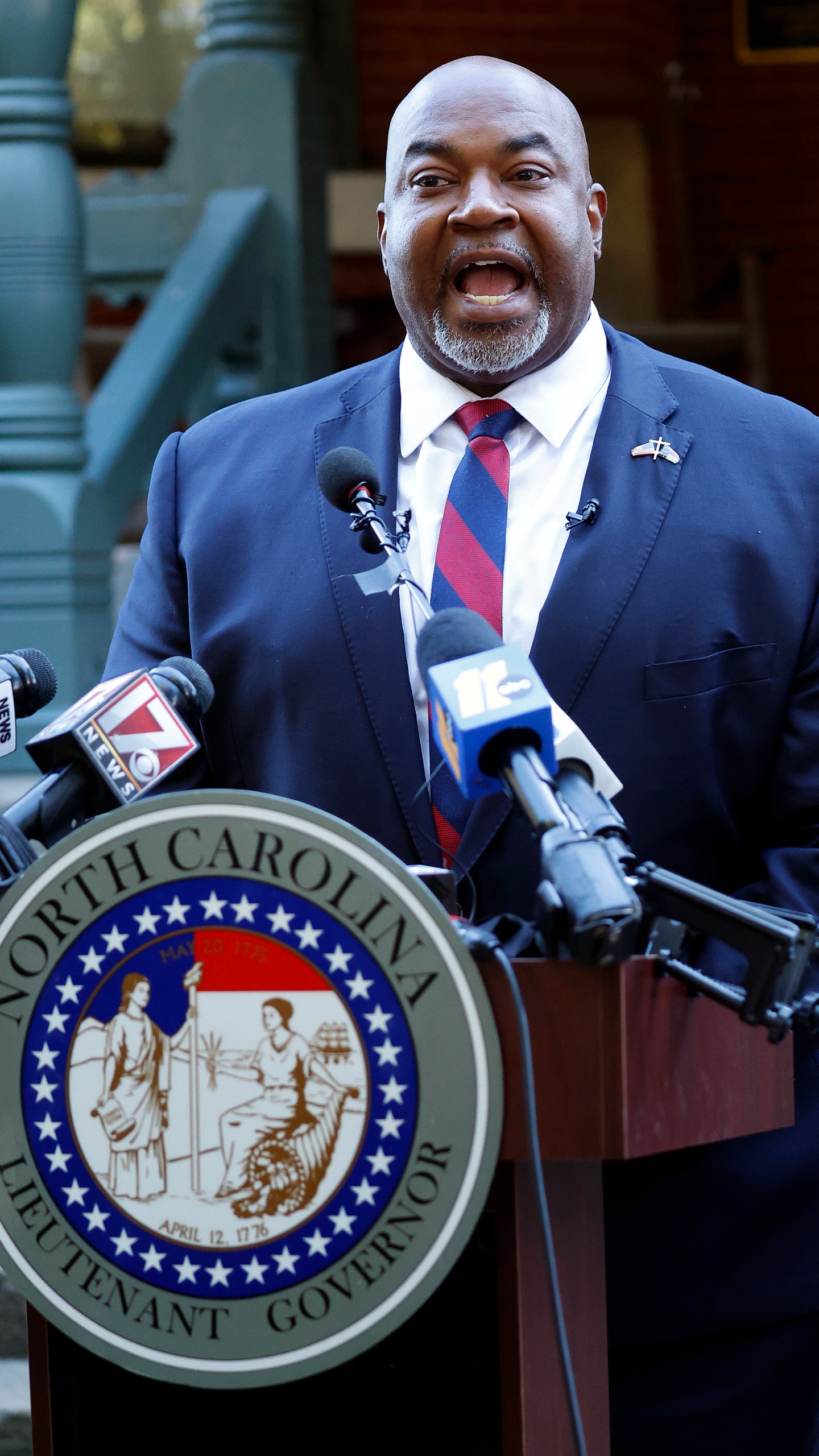 North Carolina Lt. Gov. Mark Robinson speaks at a news conference in Raleigh, N.C., Tuesday, Oct. 15, 2024. (AP Photo/Karl B DeBlaker)