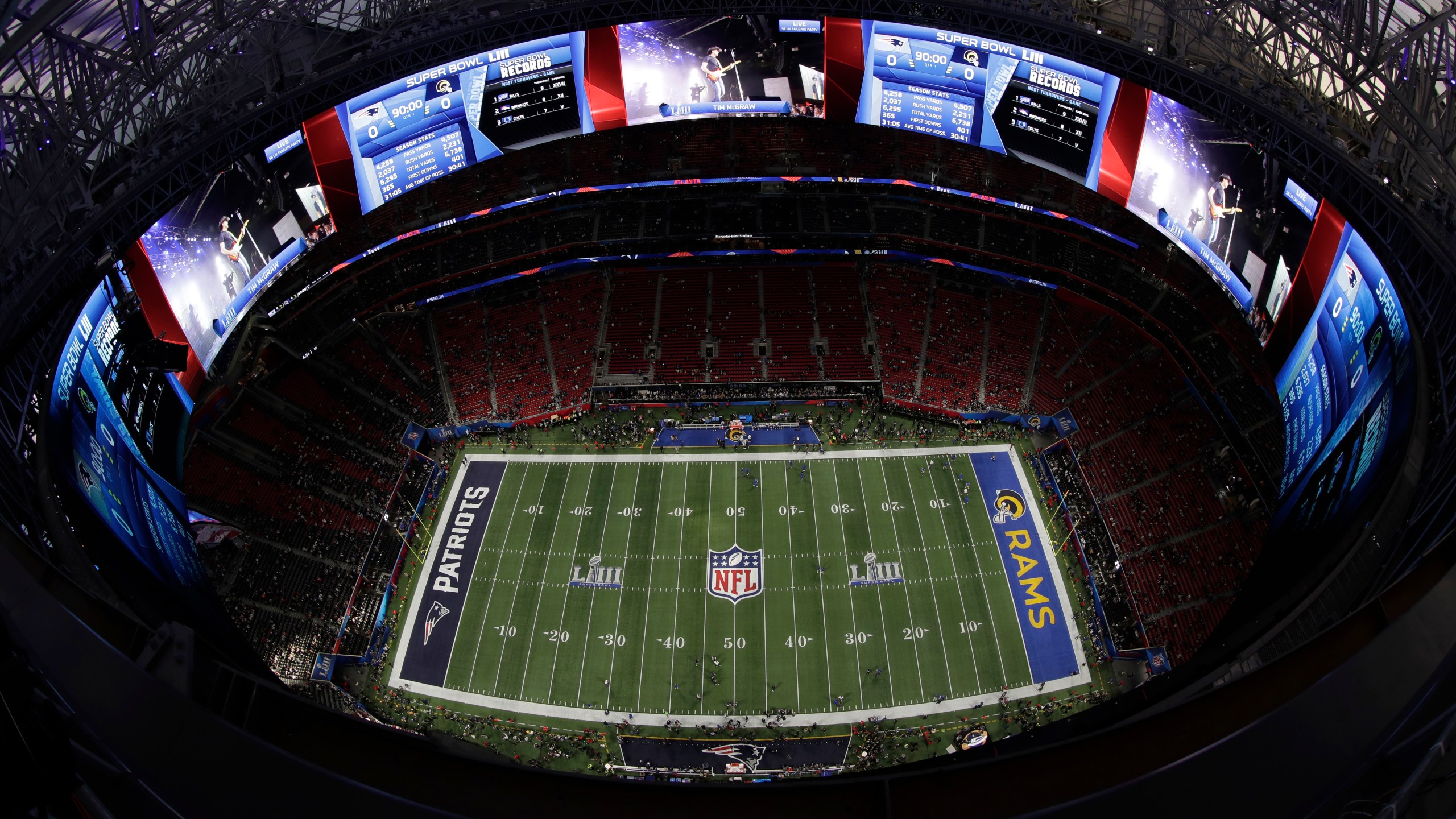 FILE - A general, overall, view of Mercedes-Benz Stadium before the NFL Super Bowl 53 football game between the Los Angeles Rams and the New England Patriots Sunday, Feb. 3, 2019, in Atlanta. (AP Photo/Morry Gash, File)