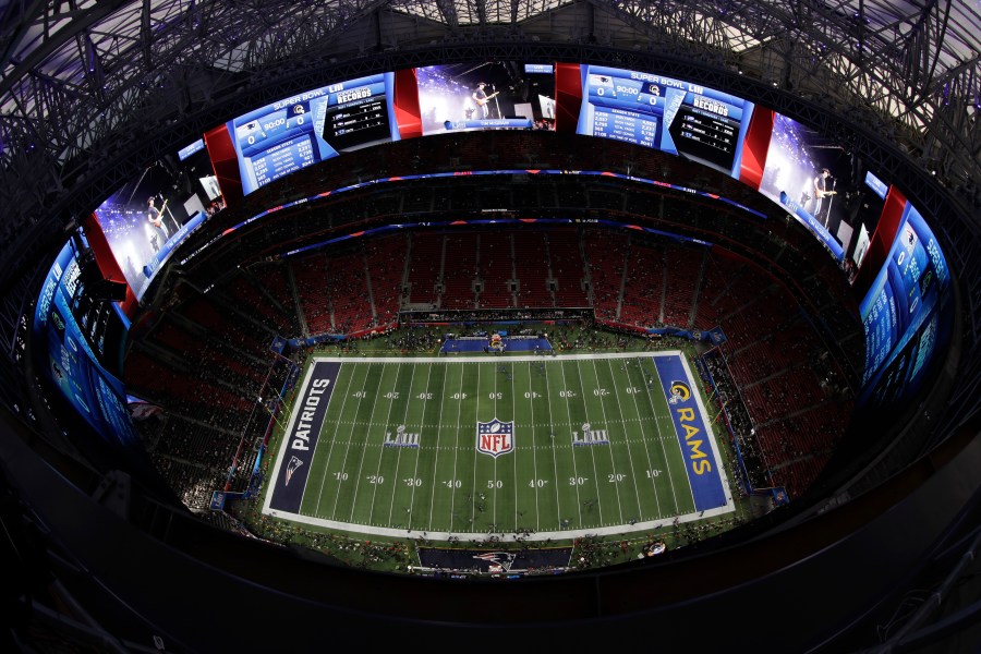 FILE - A general, overall, view of Mercedes-Benz Stadium before the NFL Super Bowl 53 football game between the Los Angeles Rams and the New England Patriots Sunday, Feb. 3, 2019, in Atlanta. (AP Photo/Morry Gash, File)