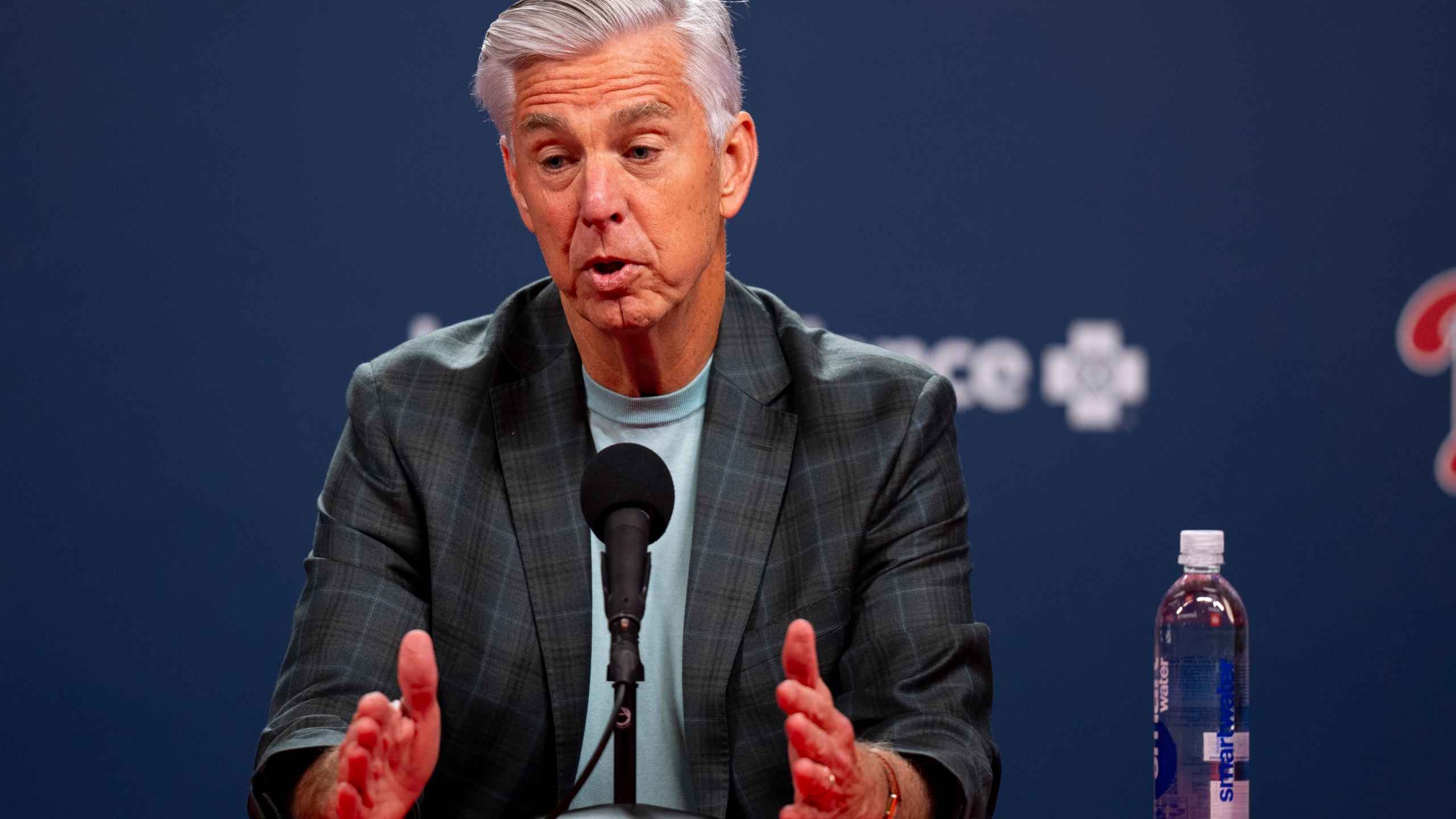 Philadelphia Phillies president of baseball operations Dave Dombrowski speaks to the media during end of the season news conference, Tuesday, Oct. 15, 2024, in Philadelphia. (AP Photo/Chris Szagola)