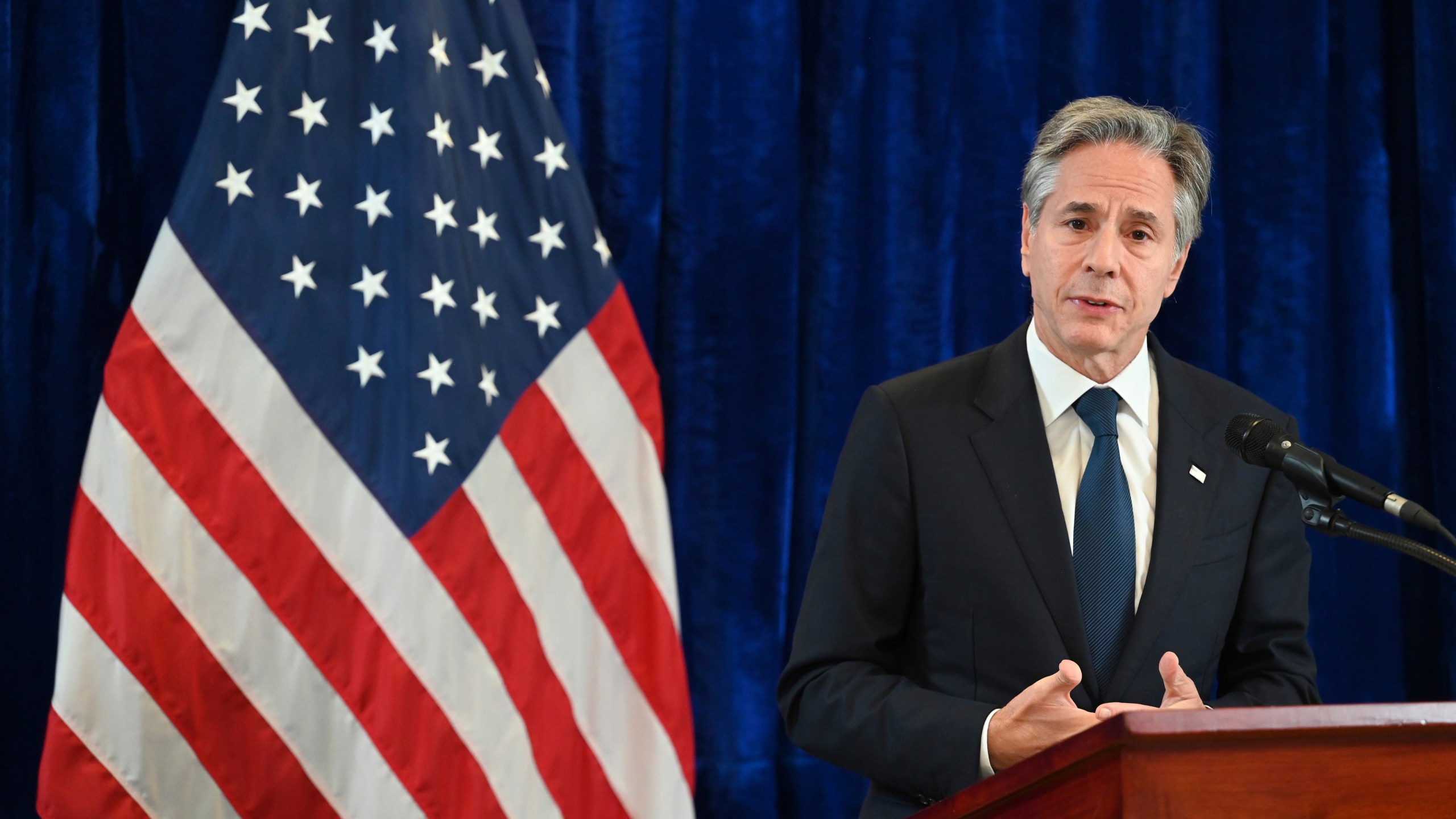 U.S. Secretary of State Antony Blinken speaks at a news conference during the Association of Southeast Asian Nations (ASEAN) Summit in Vientiane, Laos, Friday, Oct. 11, 2024. (Tang Chhin Sothy/Pool Photo via AP)