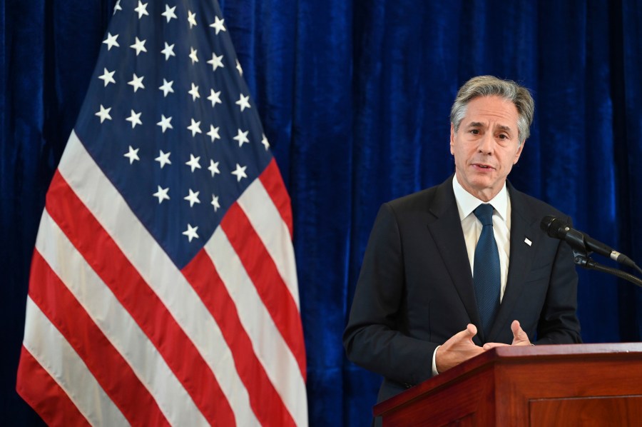 U.S. Secretary of State Antony Blinken speaks at a news conference during the Association of Southeast Asian Nations (ASEAN) Summit in Vientiane, Laos, Friday, Oct. 11, 2024. (Tang Chhin Sothy/Pool Photo via AP)