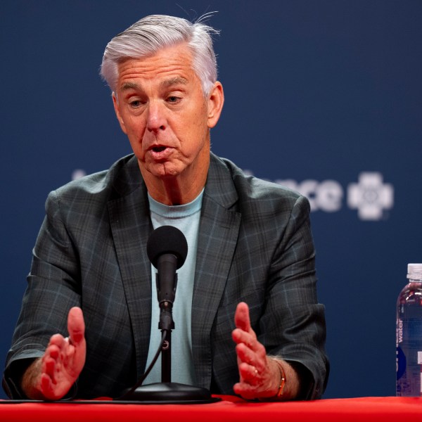 Philadelphia Phillies president of baseball operations Dave Dombrowski speaks to the media during end of the season news conference, Tuesday, Oct. 15, 2024, in Philadelphia. (AP Photo/Chris Szagola)