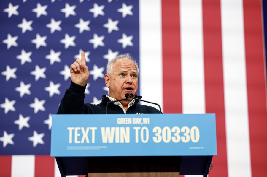 Democratic vice presidential nominee Minnesota Gov. Tim Walz speaks at a campaign event Monday, Oct. 14, 2024, in Green Bay, Wis. (AP Photo/Jeffrey Phelps)