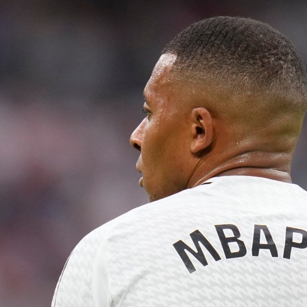 FILE - Real Madrid's Kylian Mbappe attends the Spanish La Liga soccer match between Real Madrid and Valladolid at the Santiago Bernabeu stadium in Madrid, Spain, Sunday, Aug. 25, 2024. (AP Photo/Manu Fernandez, File)