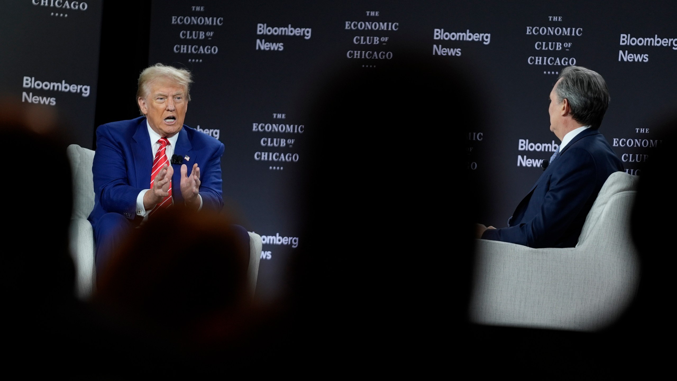 Republican presidential nominee former President Donald Trump speaks during an interview with Bloomberg News Editor-in-Chief John Micklethwait during an event with the Economic Club of Chicago, Tuesday, Oct. 15, 2024, in Chicago. (AP Photo/Evan Vucci)