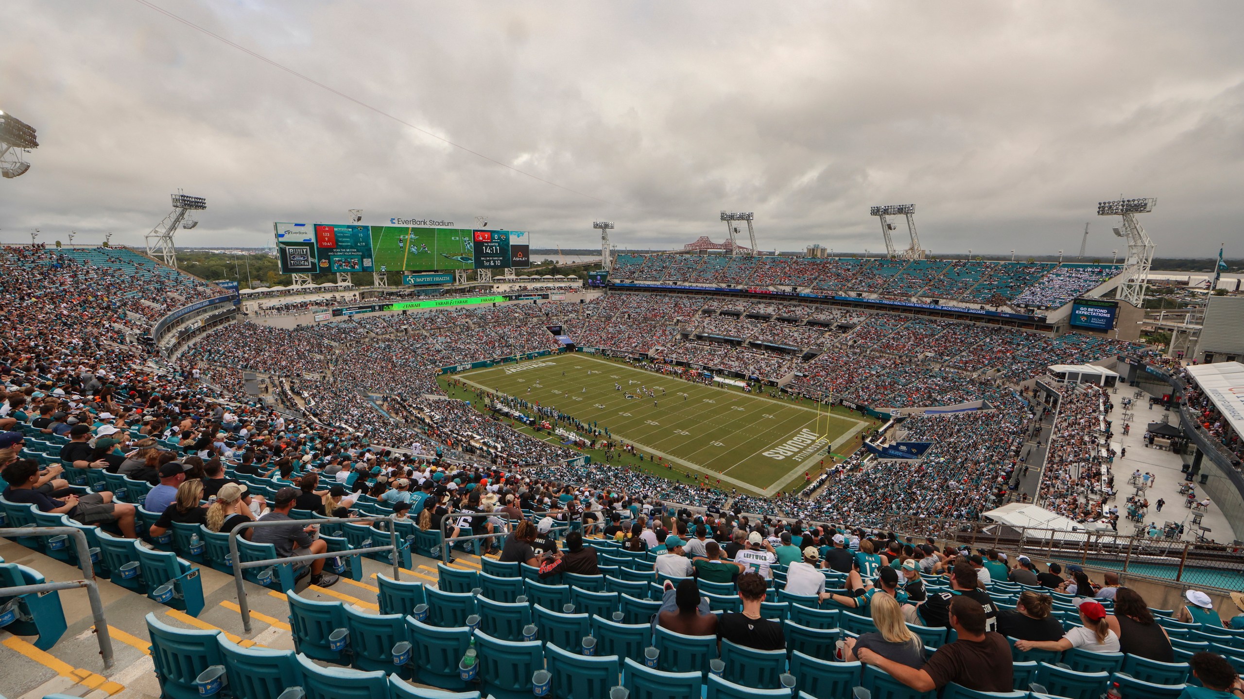 FILE - A general overall interior view of EverBank Stadium, as the Jacksonville Jaguars take on the Cleveland Browns, Sept. 15, 2024, in Jacksonville, Fla. (AP Photo/Gary McCullough, File)