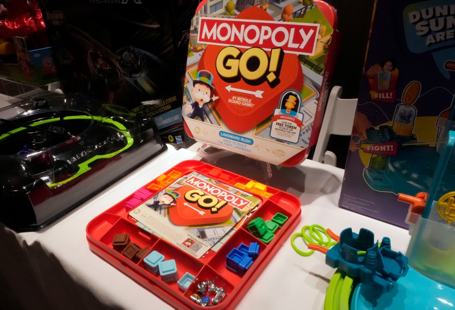 FILE - The Monopoly Go Board Game, from Hasbro, is displayed at the TTPM 2024 Holiday Showcase event, in New York, Sept. 17, 2024. (AP Photo/Richard Drew, File)