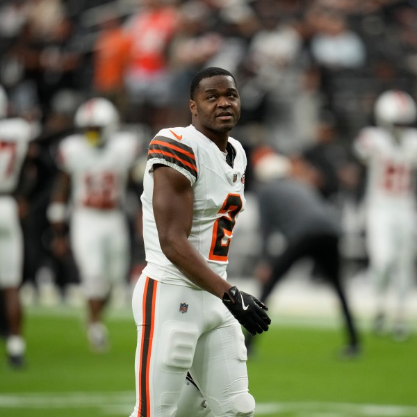 Cleveland Browns wide receiver Amari Cooper looks on before an NFL football game against the Las Vegas Raiders Sunday, Sept. 29, 2024, in Las Vegas. (AP Photo/John Locher)