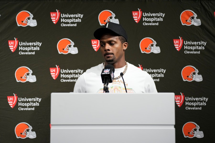 Cleveland Browns quarterback Deshaun Watson speaks after the Browns were defeated by the Las Vegas Raiders 20-16 in an NFL football game Sept. 29, 2024, in Las Vegas. (AP Photo/John Locher)