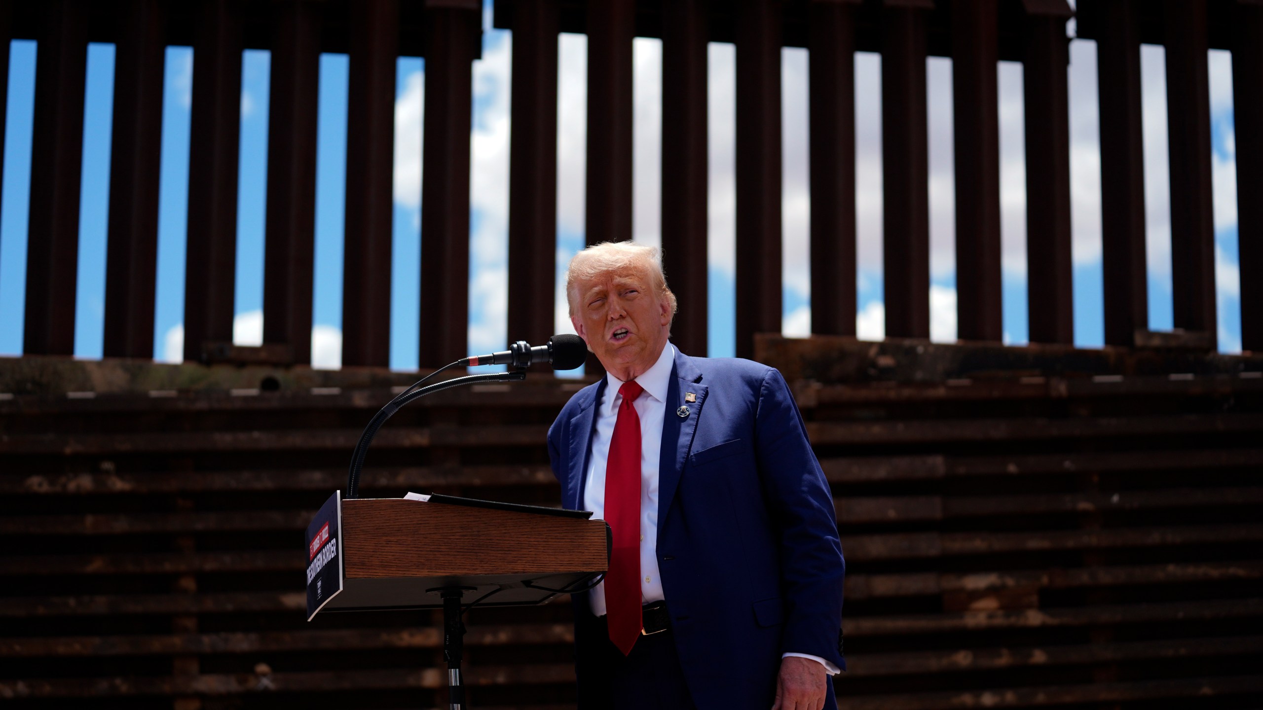 FILE - Republican presidential nominee former President Donald Trump speaks along the southern border with Mexico, on Aug. 22, 2024, in Sierra Vista, Ariz. (AP Photo/Evan Vucci, File)