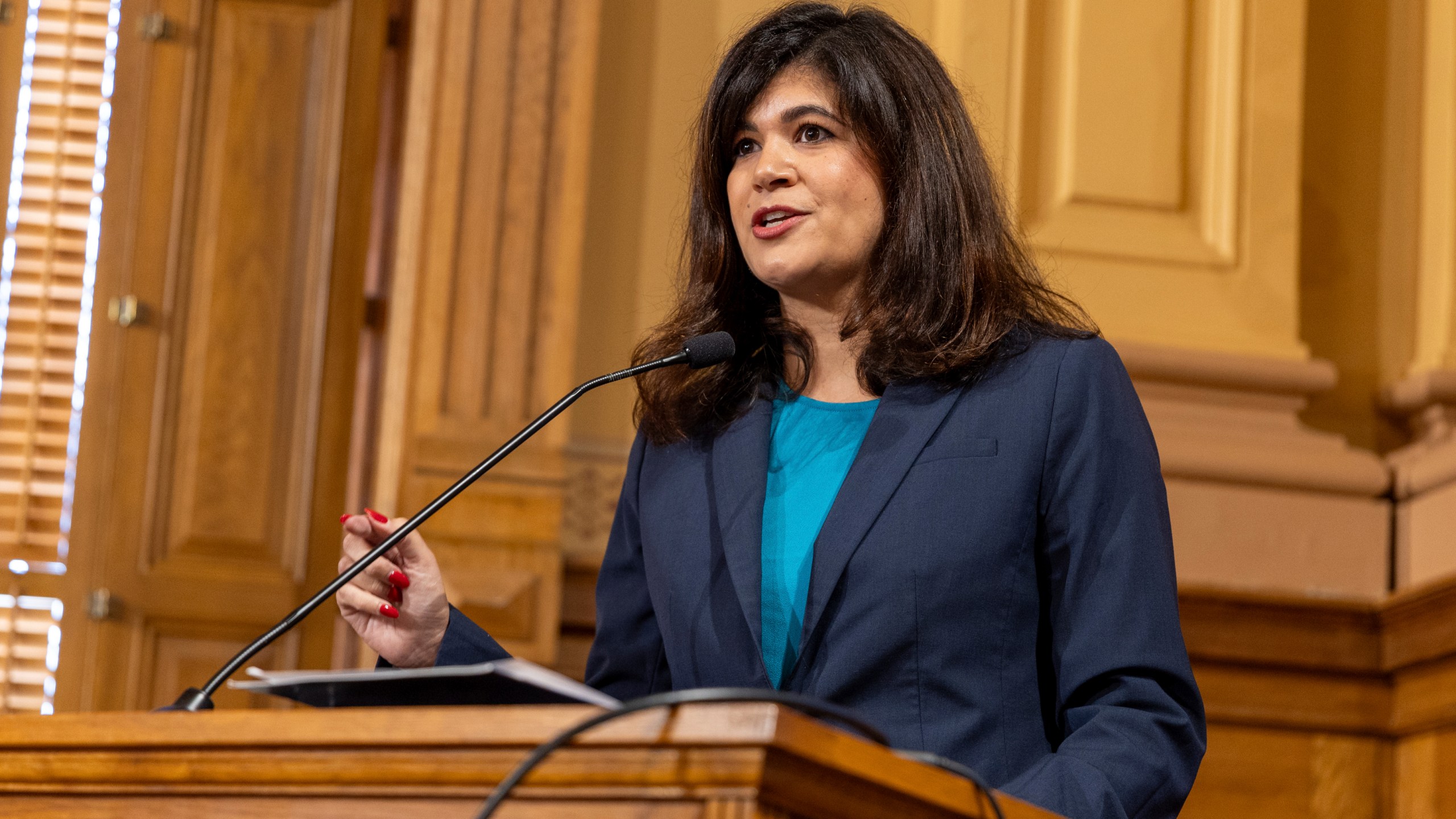 State Rep. Saira Draper, D-Atlanta, makes public comment against new proposed rules during a Georgia Election Board meeting at the Capitol in Atlanta on Sept. 20, 2024. (Arvin Temkar/Atlanta Journal-Constitution via AP)