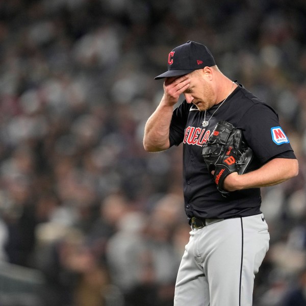 Cleveland Guardians starting pitcher Alex Cobb reacts after walking New York Yankees' Anthony Volpe during the third inning in Game 1 of the baseball AL Championship Series Monday, Oct. 14, 2024, in New York. (AP Photo/Godofredo Vásquez)