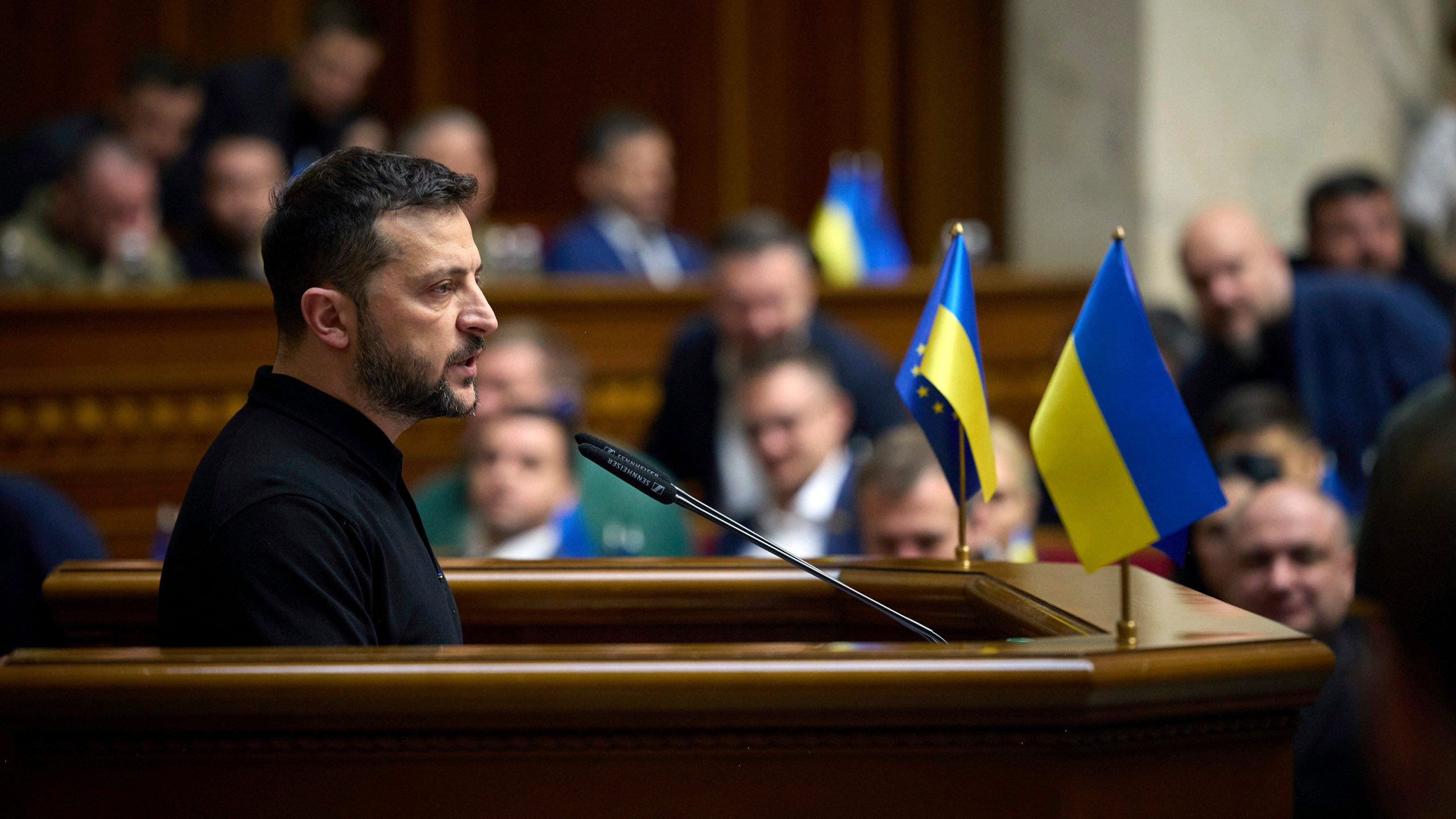 In this photo provided by the Press Service Of The President Of Ukraine on Oct. 16, 2024, Ukraine's President Volodymyr Zelenskyy speaks to parliamentarians at Verkhovna Rada in Kyiv, Ukraine. (Press Service Of The President Of Ukraine via AP)