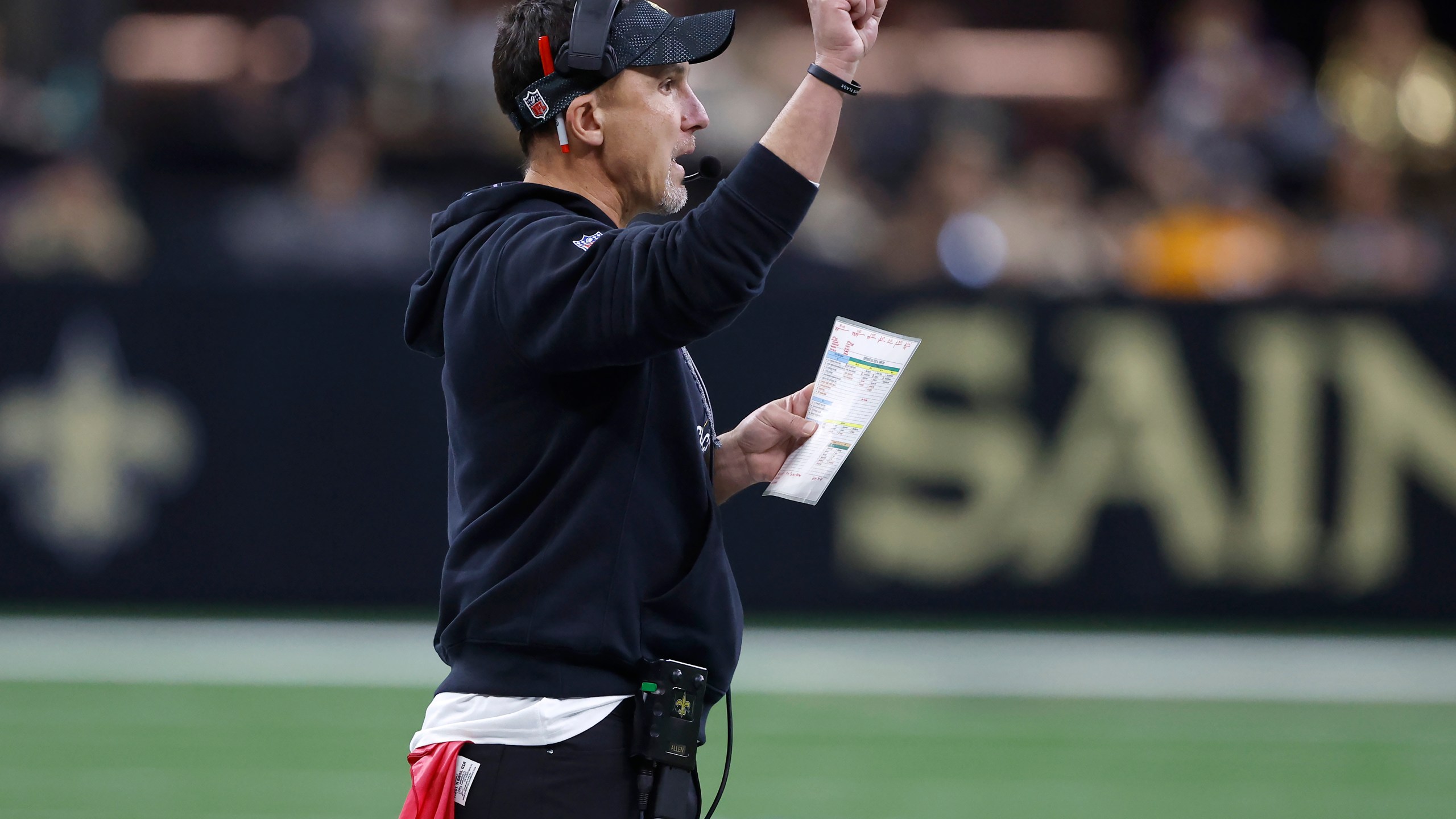 New Orleans Saints head coach Dennis Allen gestures during the first half of an NFL football game against the Tampa Bay Buccaneers in New Orleans, Sunday, Oct. 13, 2024. (AP Photo/Butch Dill)