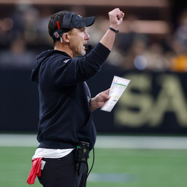 New Orleans Saints head coach Dennis Allen gestures during the first half of an NFL football game against the Tampa Bay Buccaneers in New Orleans, Sunday, Oct. 13, 2024. (AP Photo/Butch Dill)