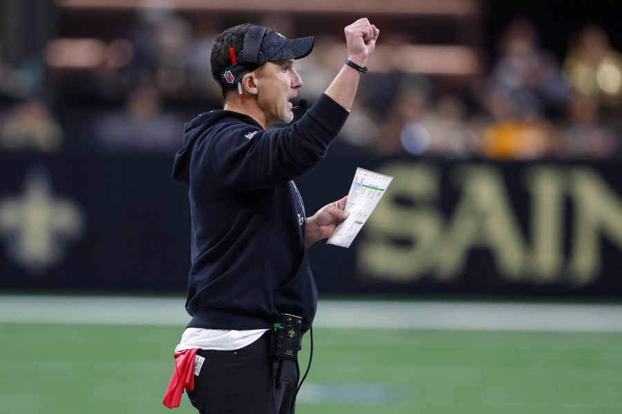 New Orleans Saints head coach Dennis Allen gestures during the first half of an NFL football game against the Tampa Bay Buccaneers in New Orleans, Sunday, Oct. 13, 2024. (AP Photo/Butch Dill)