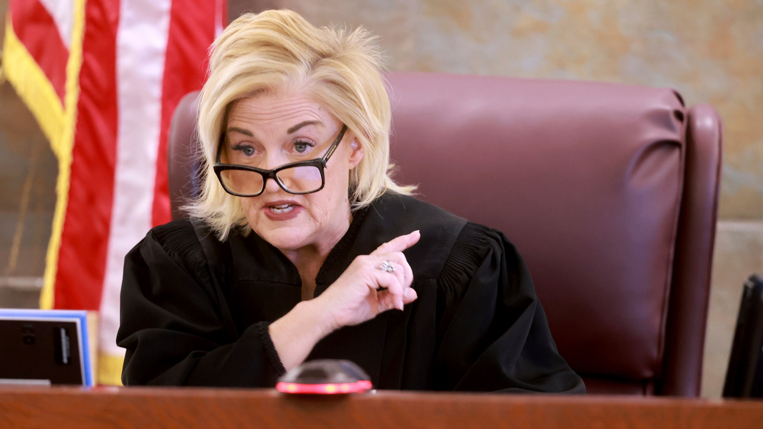 FILE - District Judge Michelle Leavitt speaks during a hearing for a juror question during deliberations for murder trial for Robert Telles, a former Clark County public administrator charged in the murder of Las Vegas Review-Journal investigative journalist Jeff German, at the Regional Justice Center in Las Vegas, Aug. 26, 2024. (K.M. Cannon/Las Vegas Review-Journal via AP, Pool, File)