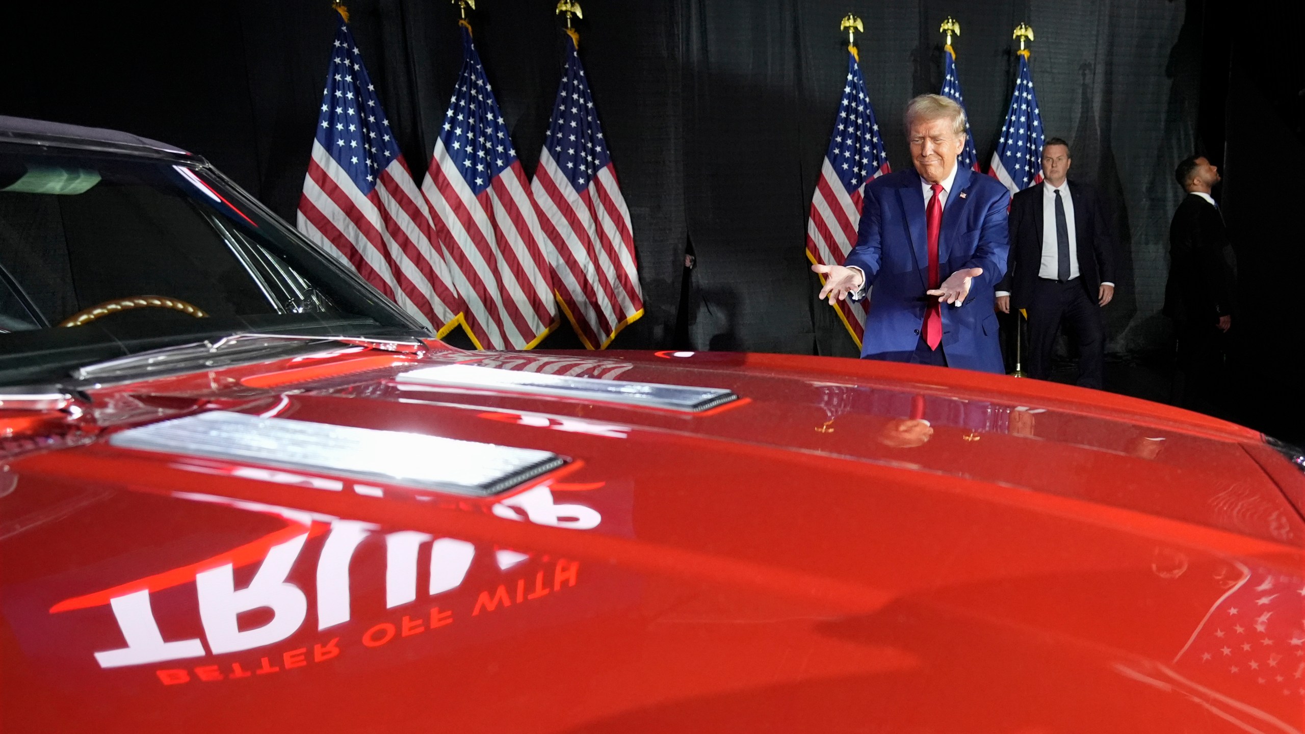 FILE - Republican presidential nominee former President Donald Trump arrives at a town hall campaign event at Macomb Community College, Sept. 27, 2024, in Warren, Mich. (AP Photo/Alex Brandon, File)