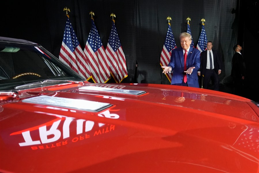 FILE - Republican presidential nominee former President Donald Trump arrives at a town hall campaign event at Macomb Community College, Sept. 27, 2024, in Warren, Mich. (AP Photo/Alex Brandon, File)