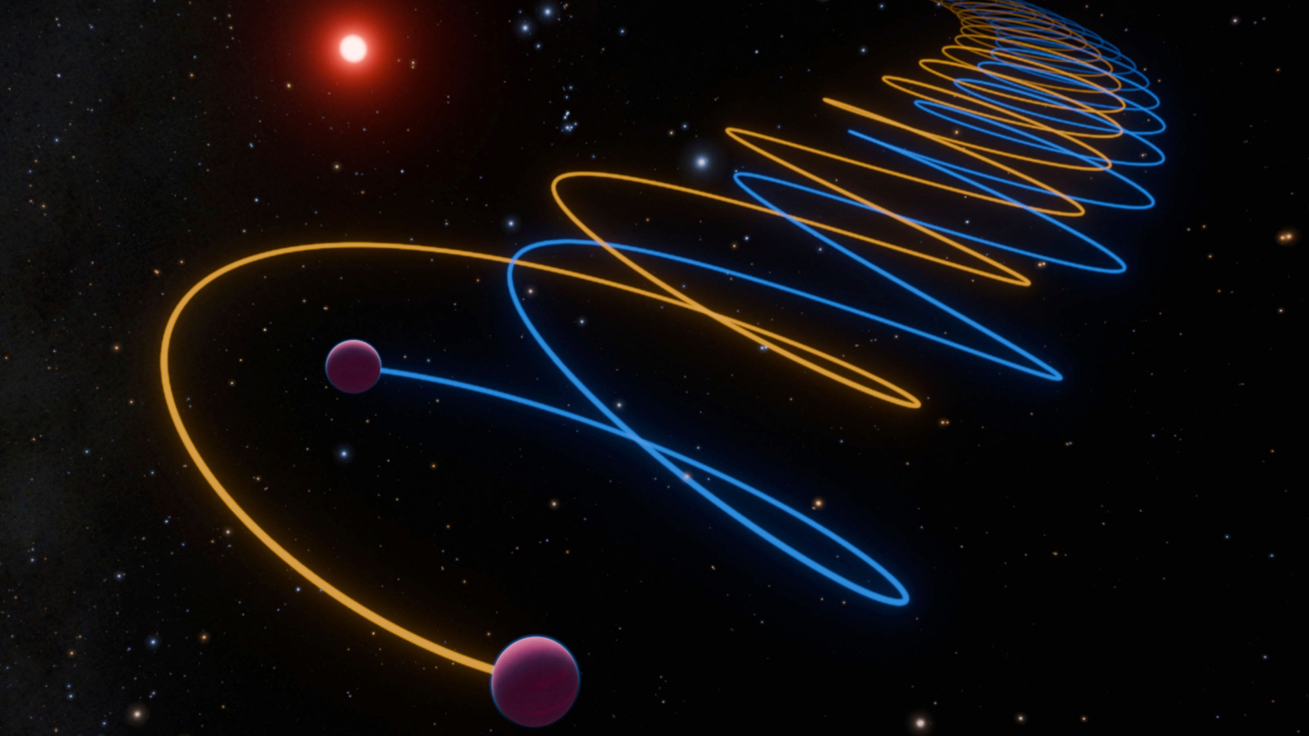 This illustration provided by Caltech depicts the orbits of brown dwarf twins, Gliese 229Ba and Gliese 229Bb, with a separation only 16 times larger than the distance between Earth and the Moon. The pair of stars orbits a cool M-dwarf star every 250 years. (K. Miller, R. Hurt/Caltech/IPAC)