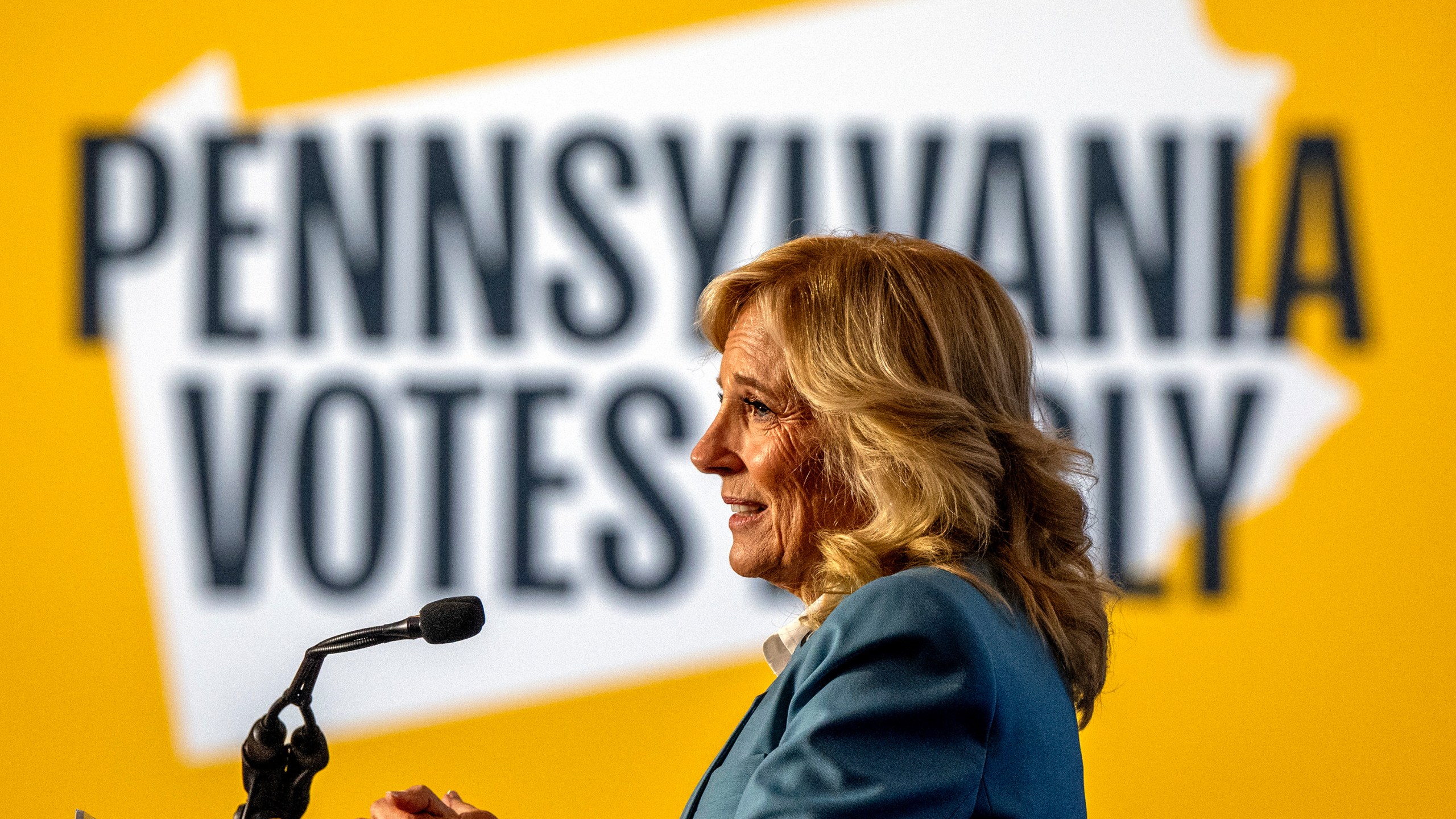 First Lady Jill Biden speaks at a Harris/Walz event at Montgomery County Community College in Blue Bell, Pa., Tuesday, Oct. 15, 2024. (Tom Gralish/The Philadelphia Inquirer via AP)