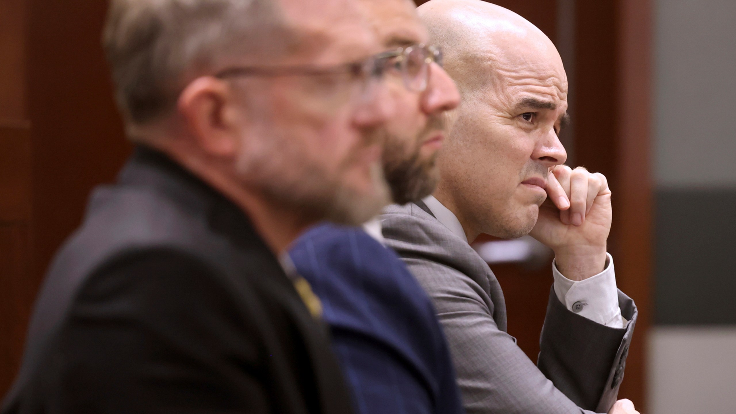 FILE - Robert Telles, right, a former Clark County public administrator charged in the murder of Las Vegas Review-Journal investigative journalist Jeff German, listens to closing arguments during his murder trial at the Regional Justice Center in Las Vegas, Aug. 26, 2024. With Telles are his attorneys Robert Draskovich, left, and Michael Horvath. (K.M. Cannon/Las Vegas Review-Journal via AP, Pool, File)